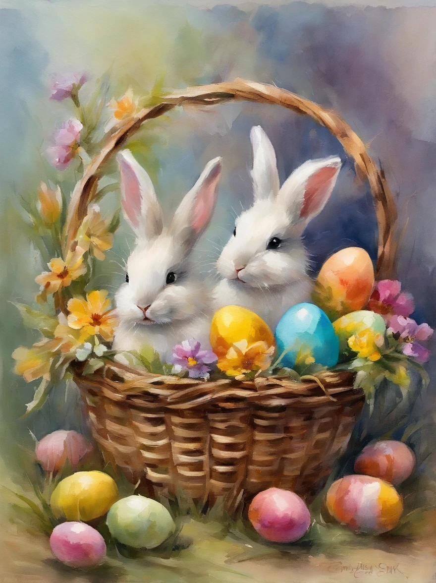 2 little small easter bunnies inside a wooden basket with colorful easter eggs and flowers in an easter art holiday decor style, vibrant atmosphere, watercolor art, watercolor painting, masterpiece, soft bright colors, soft light, easter holiday decor, 8K, detailed, highest quality artwork
