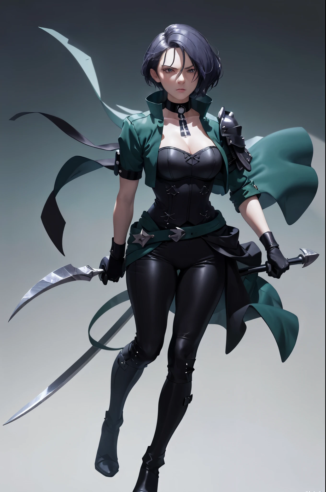 masterpiece, best quality, defShamir, collar, shoulder pad, black shirt, black gloves, bodice, green jacket, green belt, black pants, green boots, whole body, black background, simple background, FEH, standing, furrowed brow, serious, BowAiming, bow \(weapon\), aiming 