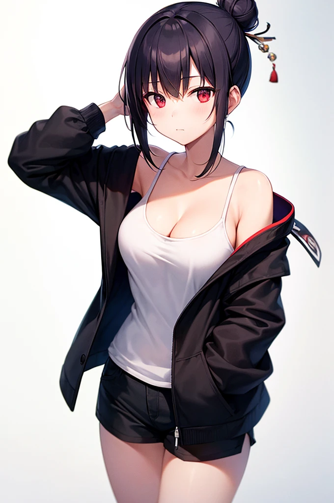(((best quality, High resolution, japanese manga))) , red eyes, 1 girl, alone, looking at the viewer, topknot,hair bun, black hair, long sleeve, cleavage, medium breasts, closed mouth, clavicle, white tank top, open jacket, black jacket, shorts,Expressionless,Two-dimensional beautiful girl,Japan anime beautiful girl,Tie your hair with a red string