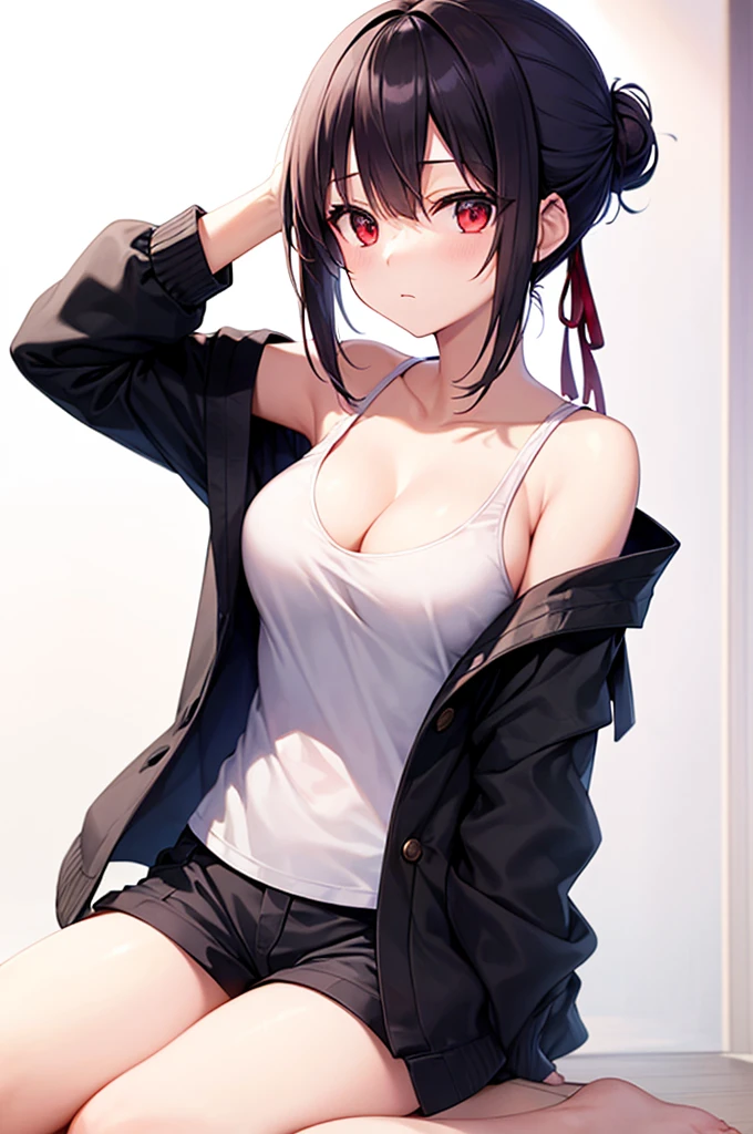 (((best quality, High resolution, japanese manga))) , red eyes, 1 girl, alone, looking at the viewer, topknot,hair bun, black hair, long sleeve, cleavage, medium breasts, closed mouth, clavicle, white tank top, open jacket, black jacket, shorts,Expressionless,Two-dimensional beautiful girl,Japan anime beautiful girl,Tie your hair with a red string