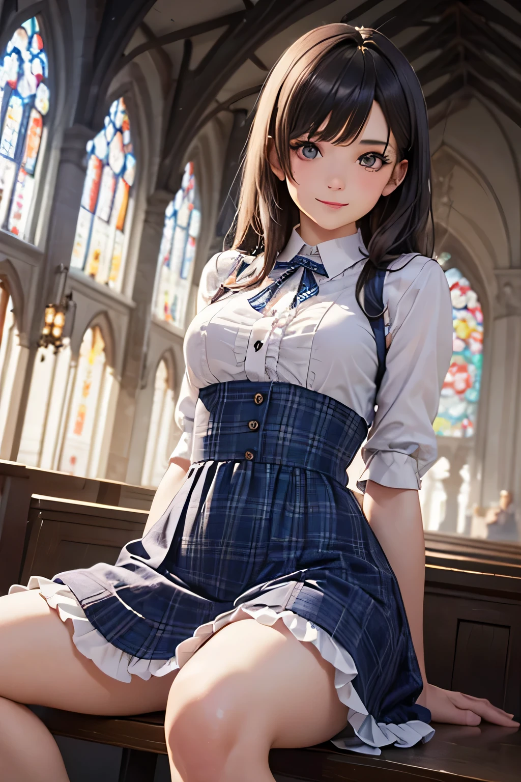 very cute and beautiful girl,(very detailed美しい顔と目:1.2), (smile),blush,black hair,looking at the viewer,(Classic Lolita dress in blue plaid with detailed ruffles),detailed lace,sitting,spread your legs,turn your arms behind your back,(white panties), altar,church,indoors,detailed background, (highest quality,masterpiece:1.2),intricate details,very detailed,High resolution, alone,cinematic lighting,dynamic angle,super detailed,movie-like scene,(realistic),