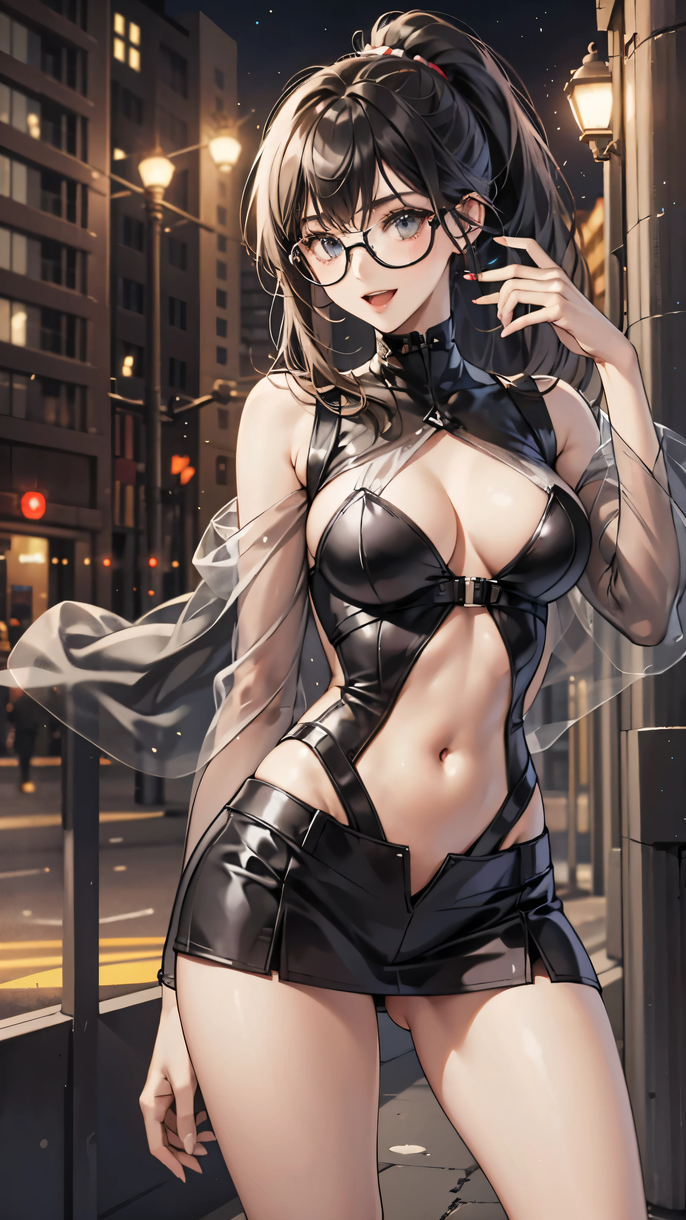 woman,20-year-old,,city,night,white tight miniskirt bodysuit,(),open mouth smile((See-through))Glasses,((Beautiful long ponytail))