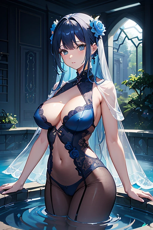(highest quality, 8K, 32K, masterpiece, UHD: 1.3), 1 female, (Oversized: 1.3), perfect figure,, (attractive), (Sheer skin)) 、((((Transparent see-through dress))))、see-through dresses、lace sheer dress、Transparent dress、Sheer skin、Transparent dressを着た美しい裸の女性、solo、best style、big breasts、The most beautiful in the world、unparalleled beauty、long hair、 ((blue bathhouse)),、Blue lighting. concept art stunning atmosphere, blue atmosphere, beautiful concept art, Dark Majestic gorgeous public bath,、(blue water辺、blue water)、blue stone、blue stone、blue reflection、Cyan color、get wet in blue water、Blue light、blue flower、Blue roses、Blue World、Expressive、sexy pose、sexy design