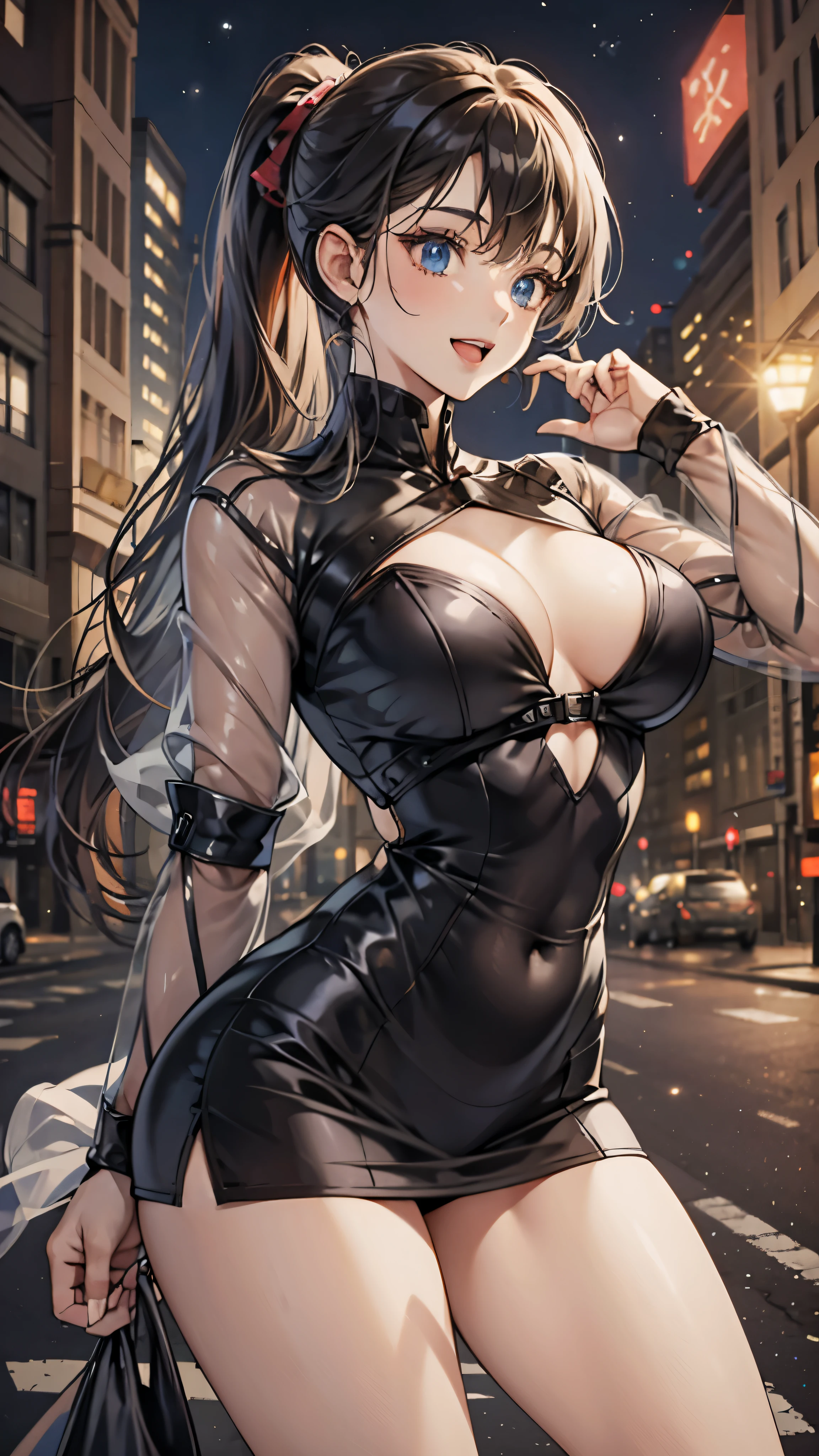 woman,20-year-old,,city,night,white tight miniskirt bodysuit,(),open mouth smile((See-through))Glasses,((Beautiful long ponytail))
