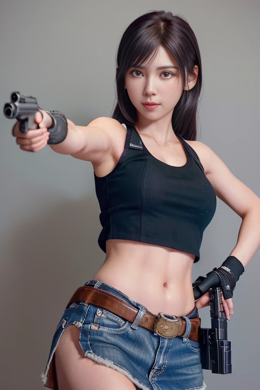 1 girl, ((Aim at the viewer with a gun)), white tank top, leather mini skirt, 1 pistol, ((have a handgun)), masterpiece, detailed shadow, detailed light, very detailed, 最high quality, HD, 4K, high quality, cowboy shot, photograph, professional lighting, (((decent looking gun))),detailed background, flash, give off smoke,