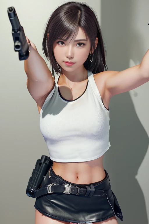 Naked Asian Beauties,Black Hair,Nude with gun belt and holster,Watch on wrist,Drunk,hiccups,indoor,White background,Cowboy Shot,Ultra-high resolution,16K