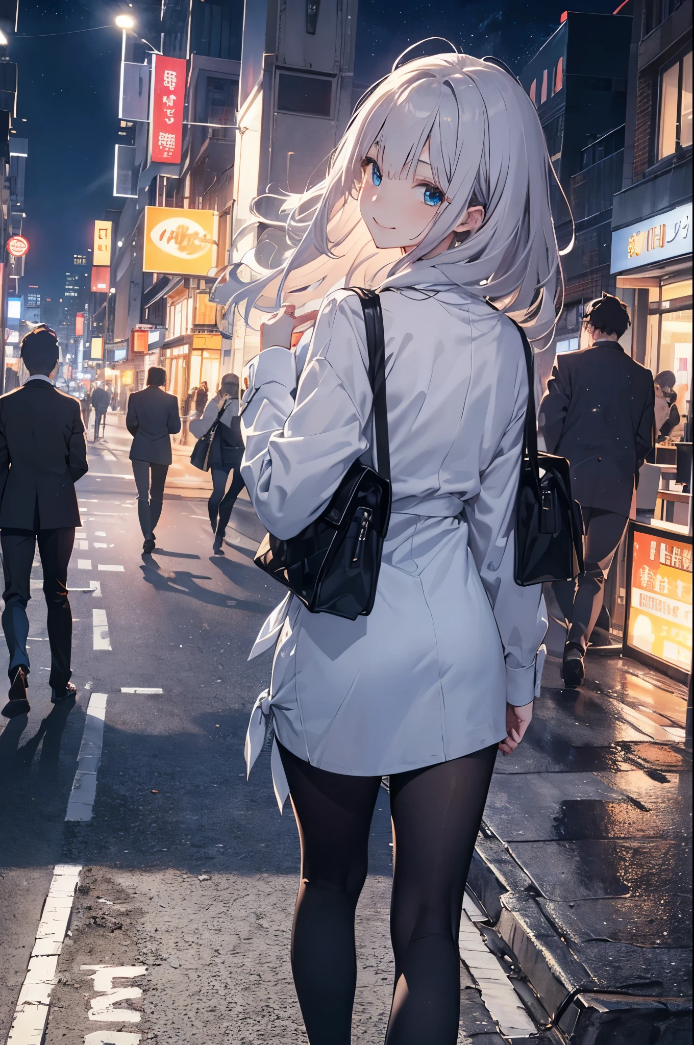 （mean looking girl:1.3）、(at night:1.5)、(and chest:1.4)、Raw photo, highest quality, High resolution, (masterpiece), (Photoreal:1.4), (mole under eye),anime cosplay, sharp focus, nffsw, 8K resolution, intricate details, Depth of bounds written, Highly detailed CG Unity 8K wallpaper, with front light, woman,25 years old、 smile,smile、Bangs covering one eye、(tie hair:1.5)、(Medium Showtrain Bo Hair)、(Casual Suit)、blue eyes,(downtown at night:1.5)、(walk:1.3)、(full body description)、cell phone、(View from behind:1.2)、Shining world、illumination、midwinter