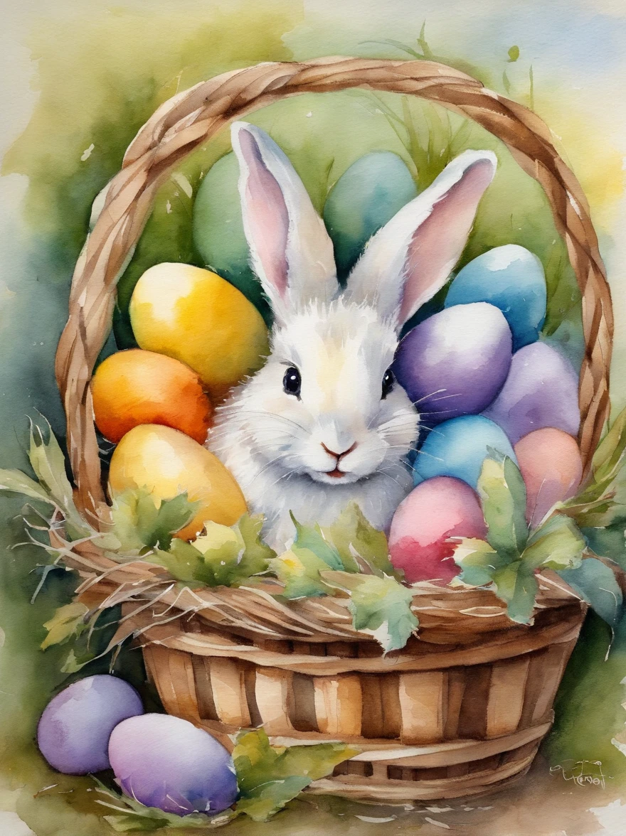 2 little small easter bunnies inside a wooden basket with colorful easter eggs and flowers in an easter art holiday decor style, vibrant atmosphere, watercolor art, watercolor painting, masterpiece, soft bright colors, soft light, easter holiday decor, 8K, detailed, highest quality artwork
