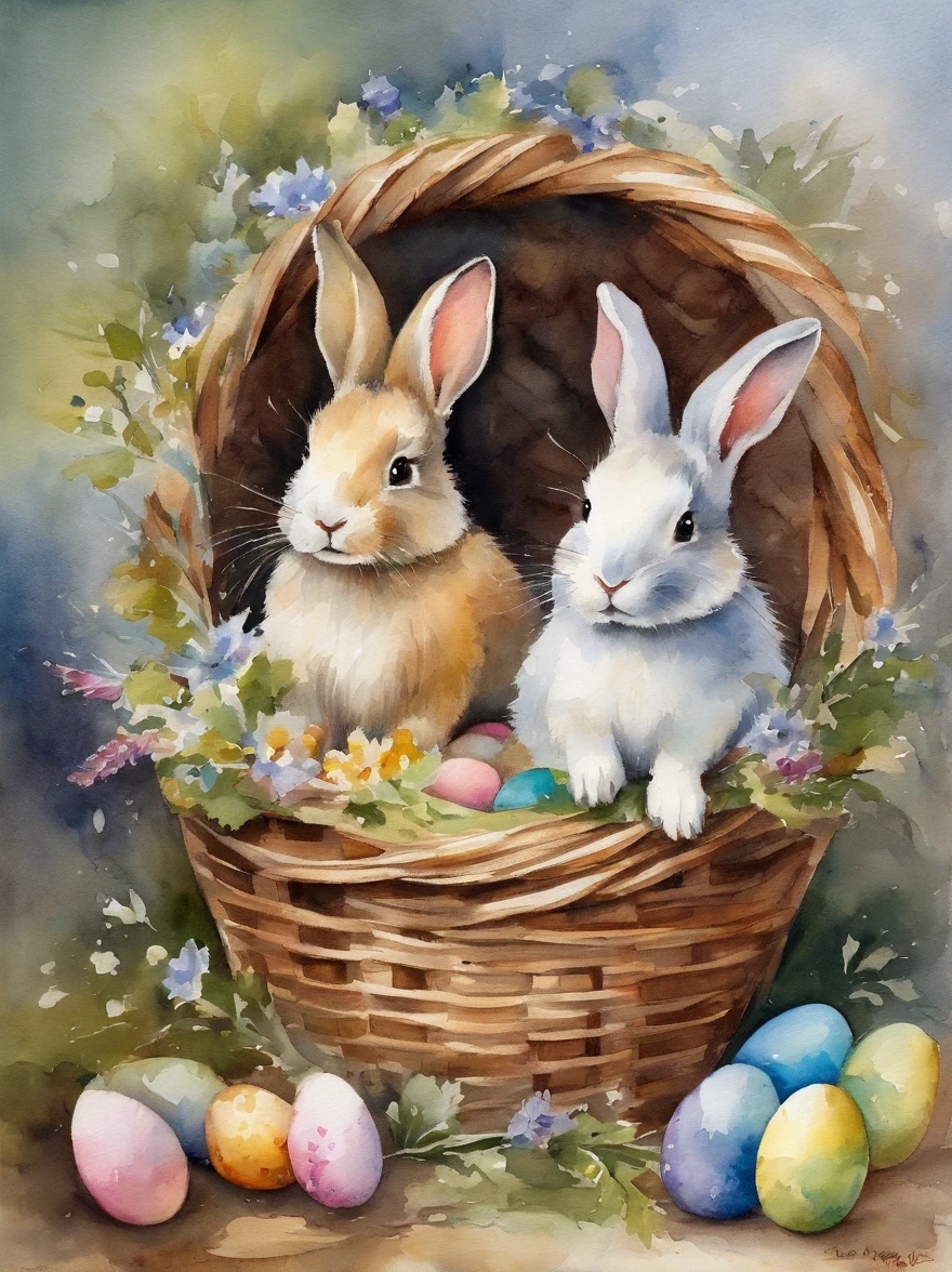 2 little small easter bunnies inside a wooden basket with colorful easter eggs and flowers in an easter art holiday decor style, vibrant atmosphere, watercolor art, watercolor painting, masterpiece, soft bright colors, soft light, easter holiday decor, 8K, detailed, highest quality artwork
