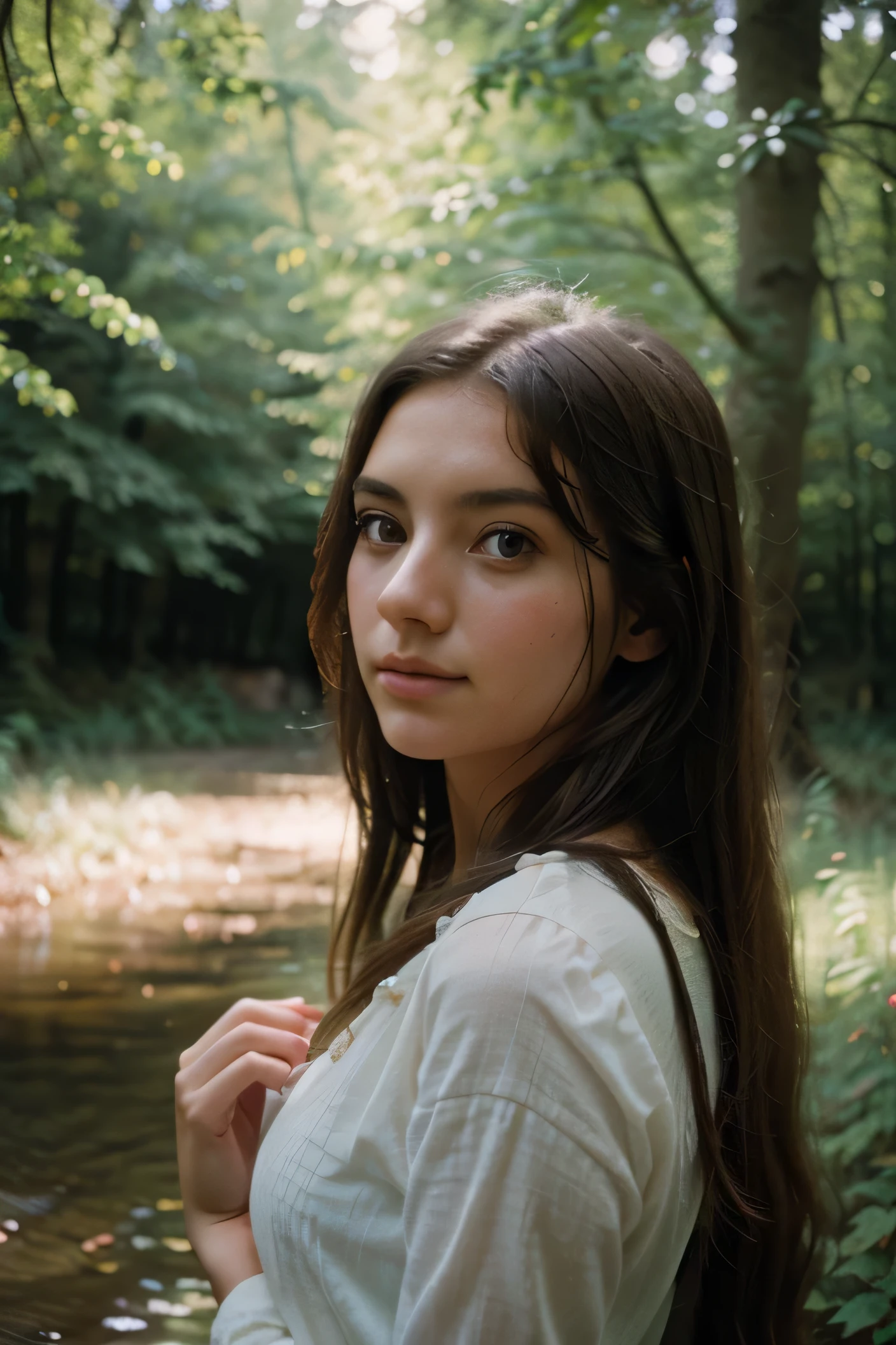 A young woman immersed in the beauty of nature, captured with a vintage film camera, soft focus, dreamy color palette, serene expression, nature-inspired, 35mm film, analog photography.