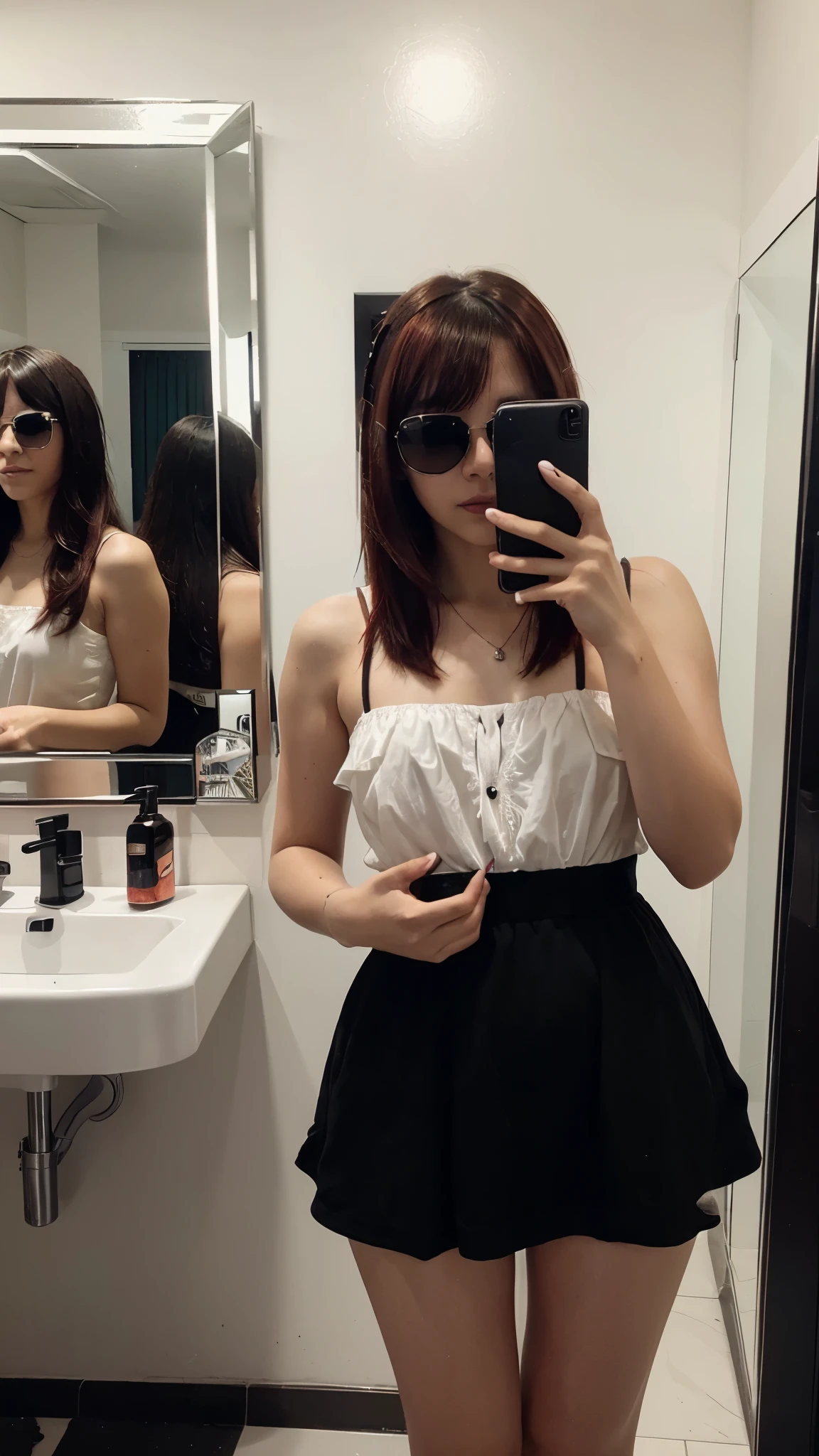  girl (White skin) an (dark red fringe hair) in a black dress taking a selfie in a mirror with black sunglasses on face, aesthetic, black vignette, Brazilian style, holding a Samsung S20, reflection in the mirror, front view, cell phone photo quality, Instagram filter black and white, contrast high black, in mall bathroom interior in the background, photo