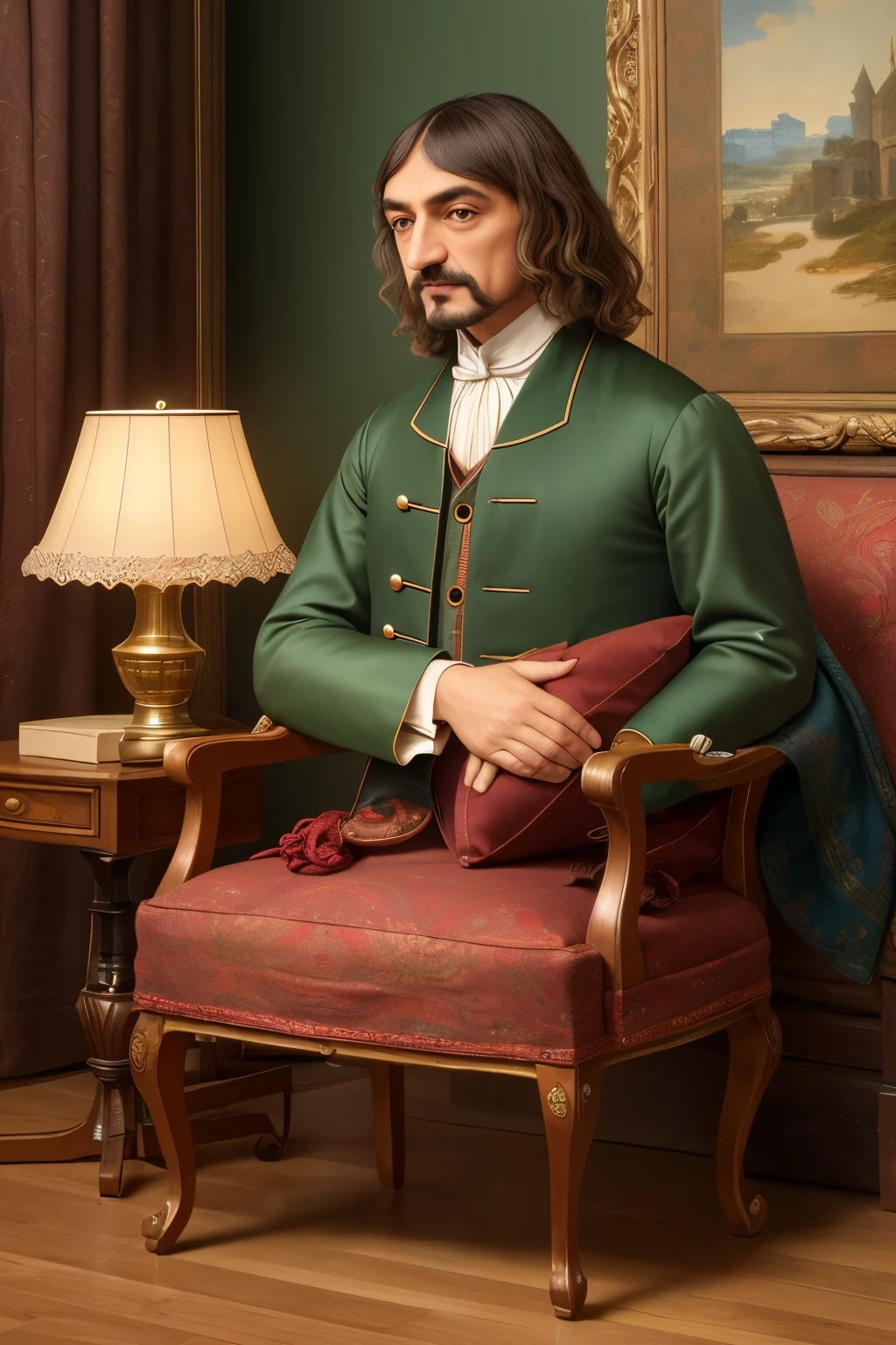 René Descartes, the famed philosophical figure, found himself in an unexpected situation: trapped inside a sitcom. Dressed in his traditional attire, he sat on a plush armchair, his brow furrowed in deep thought amidst a living room adorned with vibrant colors and modern decor. The background hum of applause from an invisible audience added an uncanny layer to the scene.
Descartes' hands clutched onto the arms of the chair, fingers drumming mechanically as he pondered the "Cogito Ergo Sum" in this unfamiliar environment. His cartesian coordinates were nowhere to be seen, replaced instead by a sage-like prop teapot beside