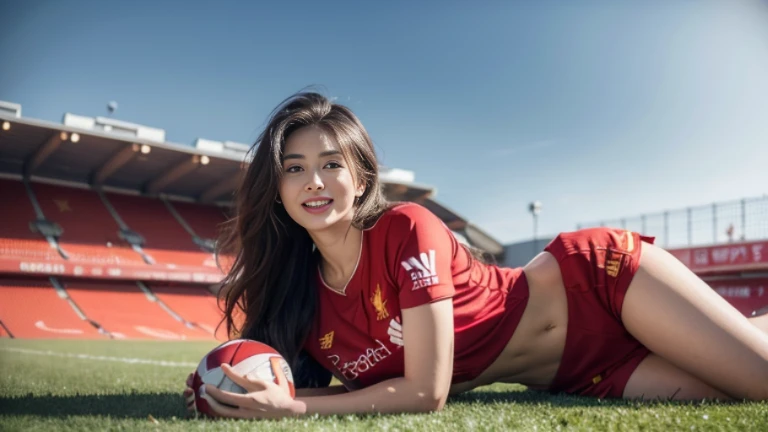 (8ก, best quality, Masterpiece:1.2), (realistic, realistic:1.37), Special details, 1 girl,cute,alone,Beautifully detailed sky,date,(Blush),(smile:1.15), (very big breasts),Beautifully detailed eyes,(long hair: 1.2),floating hair NovaFrogStyle, full body, (ball) ,(environment,Football Field) ,(football player set,Liverpool FC,England),(เสื้อLiverpool FC, Red Shirt), (Random shorts) Sexy Gestures, Pulling on shirt, revealing large breasts