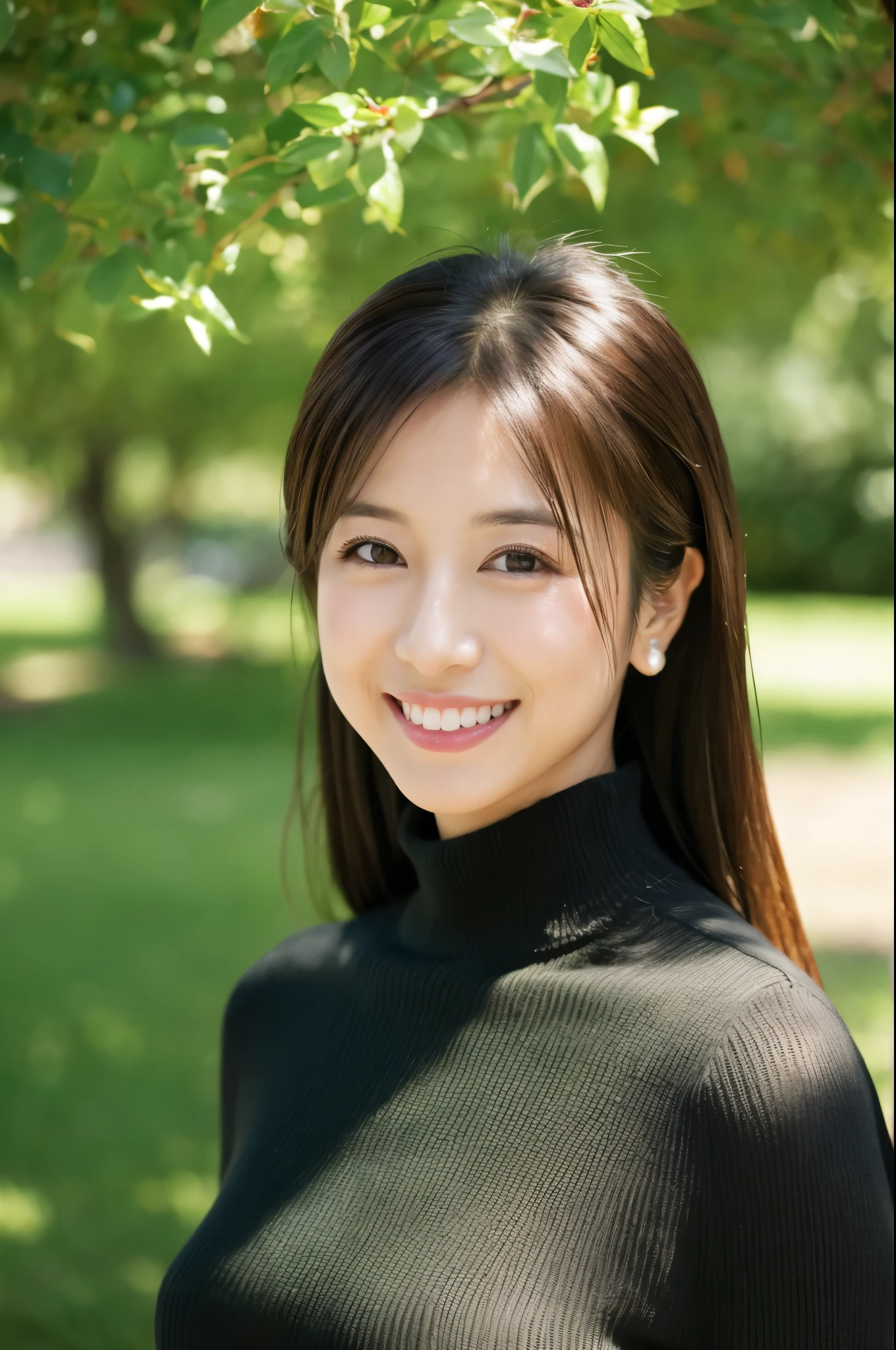 Slender Japanese woman looking at the camera、cute face、smile、Black turtleneck sweater、Green tree on background々or bushes、High resolution、High-definition images