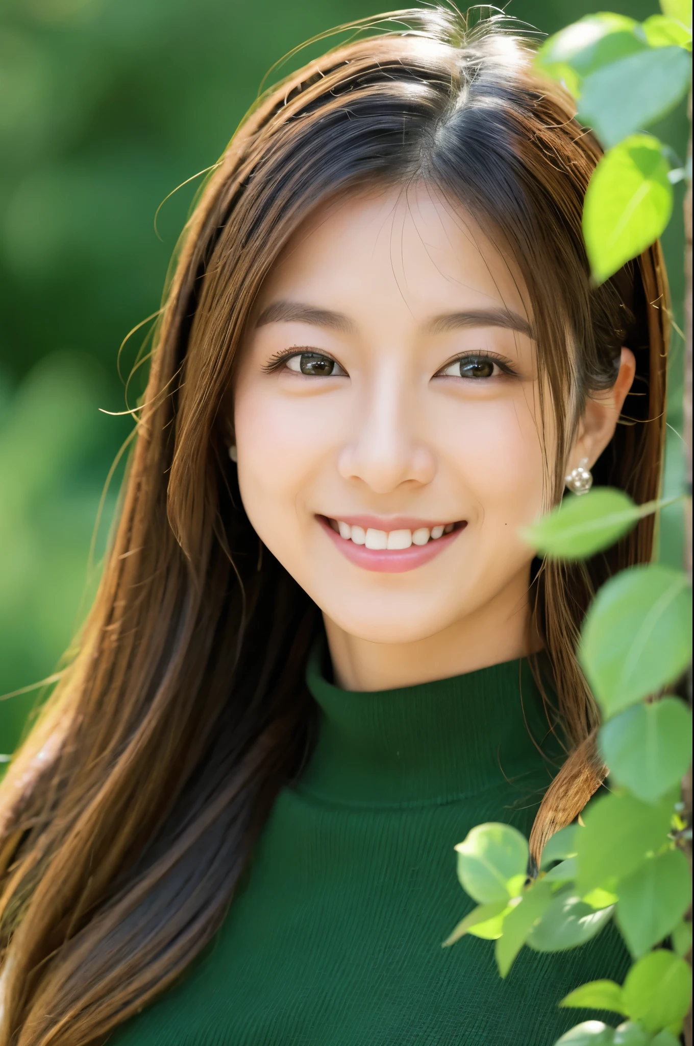 Slender Japanese woman looking at the camera、cute face、smile、Black turtleneck sweater、Green tree on background々or bushes、High resolution、High-definition images