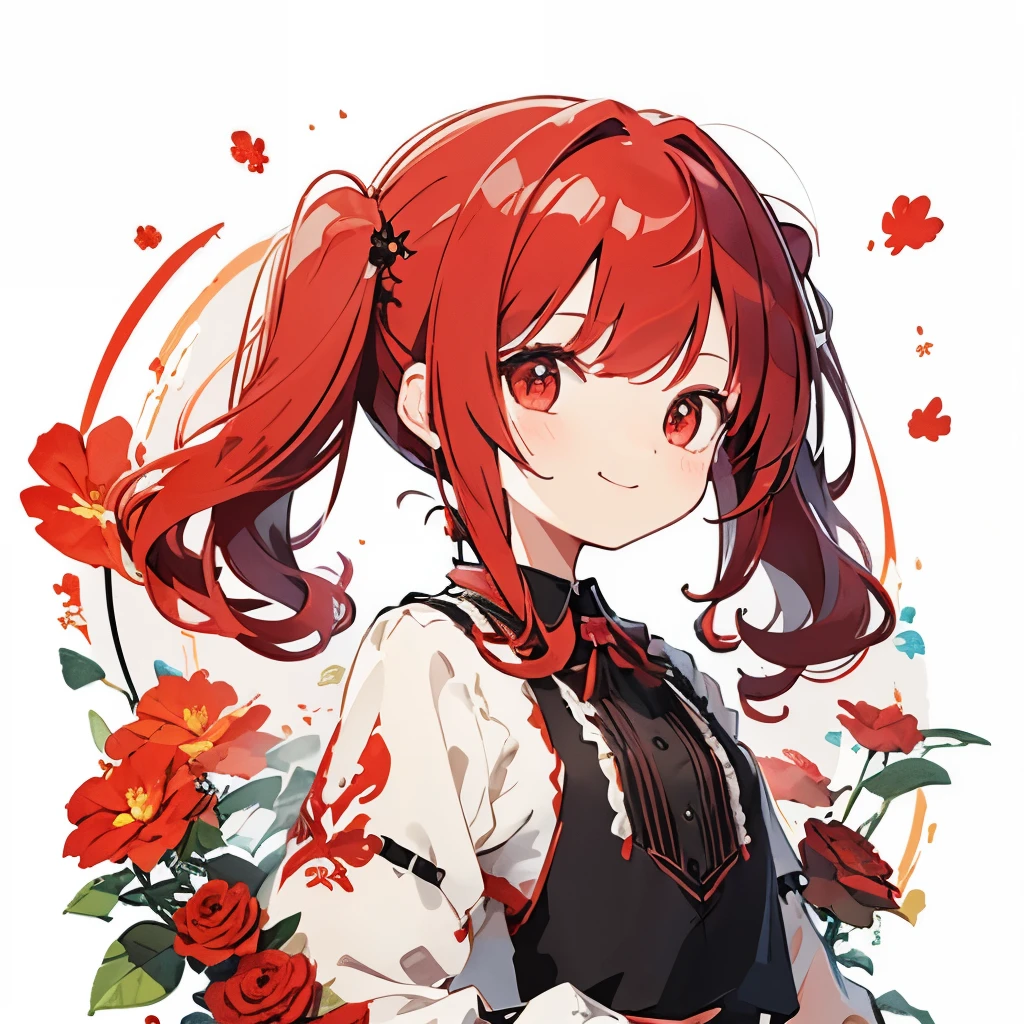 transparent watercolor、girl、Jewel Eyes、Beautiful arrangements and motifs、Depth of bounds written、flat avatar, 1girl, slightly lighter red hair((twin tails、Hair rolls))、red hair、縦Hair rolls、twin tails、black shirt、Fluffy shirt、、red frill on shirt、red eyes、ツイン縦Hair rolls、flat avatar、Deformed、Upper body、Vertical curly hair、vertically curled hair、twin drill hair、Trixie、Cute backgrounds、has red flowers、red flower bouquet、best smile、view audience