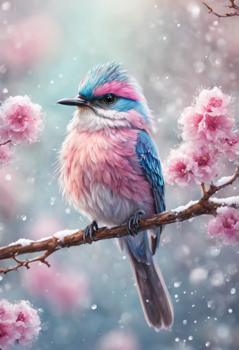 A beautiful hyper-fluffy hyperrealistic bird on a branch with pink flowers and snow. Small water drops, shining. Sunrise. Pastel colors. Intricately detailed, masterpiece, beautiful. Photorealistic, raw image