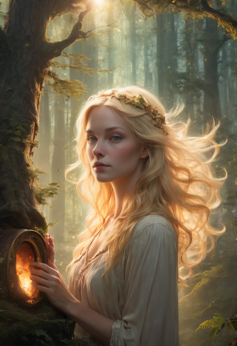 The portrait of a blonde-haired woman who makes the deep boil. In the background, a hologaldo with an enchanted forest in the background is a place of wonder and wonder that every time you are standing atop the trees, casting a sense of wonder. This portrait is bathed in the glow of a soft, dreamy light that seems to hold the essence, intricate, (pastel tones:1.2), Surrealism, (best quality, masterpiece, Representative work, official art, Professional, unity 8k wallpaper:1.3)