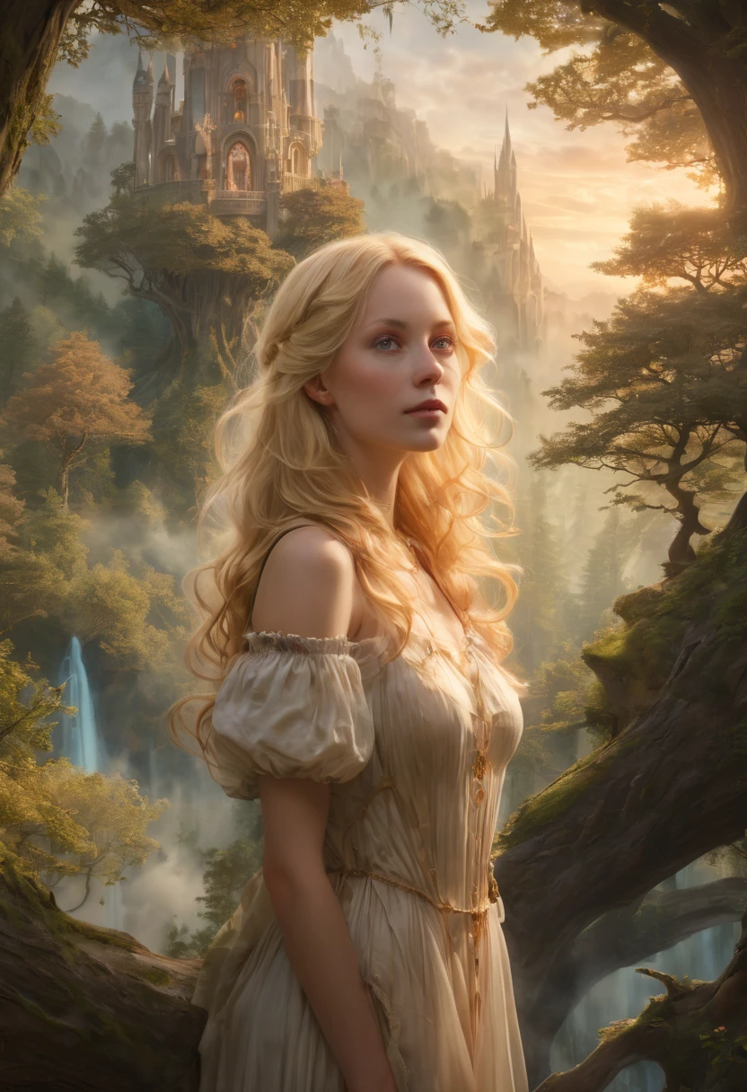 The portrait of a blonde-haired woman who makes the deep boil. In the background, a hologaldo with an enchanted forest in the background is a place of wonder and wonder that every time you are standing atop the trees, casting a sense of wonder. This portrait is bathed in the glow of a soft, dreamy light that seems to hold the essence, intricate, (pastel tones:1.2), Surrealism, (best quality, masterpiece, Representative work, official art, Professional, unity 8k wallpaper:1.3)