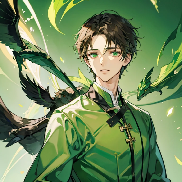anime guy with short brown hair,green eyes, green priest costume, reticent, 背が高い green eyes,Religious,upper body up