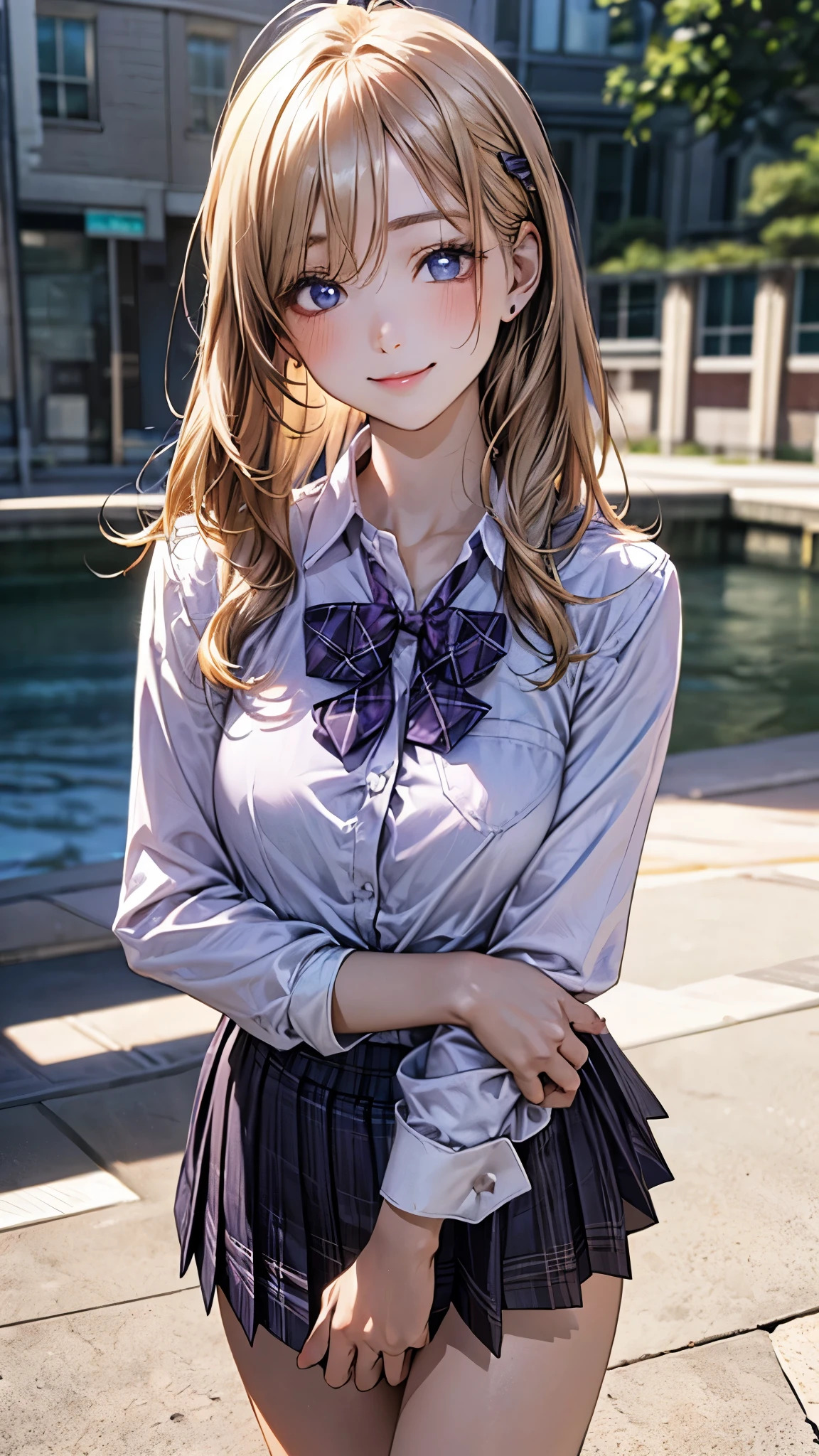 (masterpiece:1.2, top-quality), (realistic, photorealistic:1.4), beautiful illustration, (natural side lighting, movie lighting), nsfw,
looking at viewer, cowboy shot, front view:0.6, 1 girl, japanese, high school girl, perfect face, cute and symmetrical face, shiny skin,
(middle hair:1.6, straight hair:1.2, long sidelocks, blonde hair), parted bangs, blue eyes, long eye lasher, (large breasts:1.1, seductive thighs),
beautiful hair, beautiful face, beautiful detailed eyes, beautiful clavicle, beautiful body, beautiful chest, beautiful thigh, beautiful legs,
((detailed cloth texture, long sleeves white collared shirts, light purple plaid pleated skirt, light purple plaid bow tie, socks)),
(beautiful scenery), evening, riverside, walking, hands on chest, (lovely smile, upper eyes),