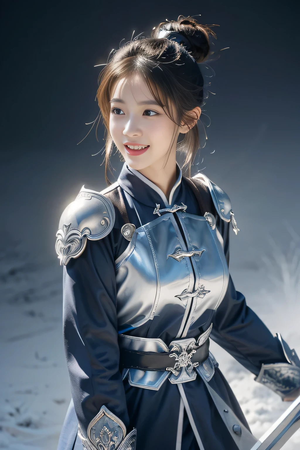 Chinese female general Hua Mulan，Navy blue Confucian robe lining，Silver metal breastplate，silver helmet battlefield background，majestic，Smile（open mouth）（The corners of the mouth are raised），Leather tunic，Knee armor，Eight clones，silver metal headband，Hair bun raised high。wild wilderness background