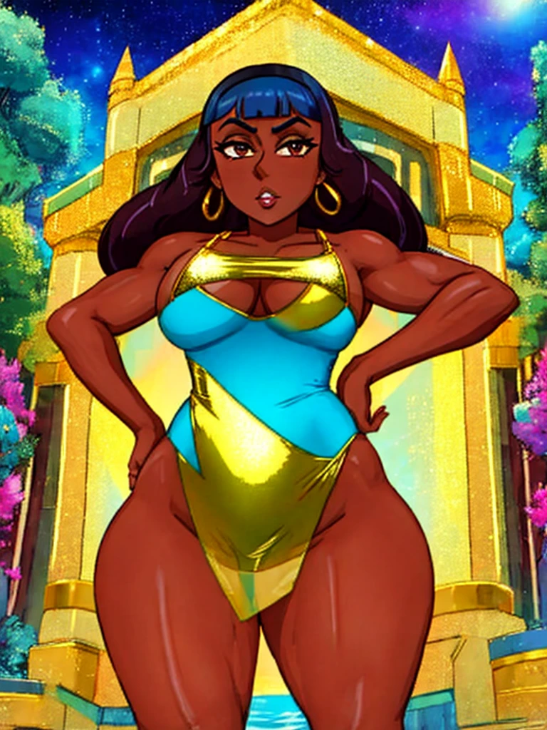 solo, indian ifbb bimbo priyanka maheswaran, shiny plastic gold bikini, translucent blue minidress, dark skinned, thick lips, night, ruin cyber palace, view