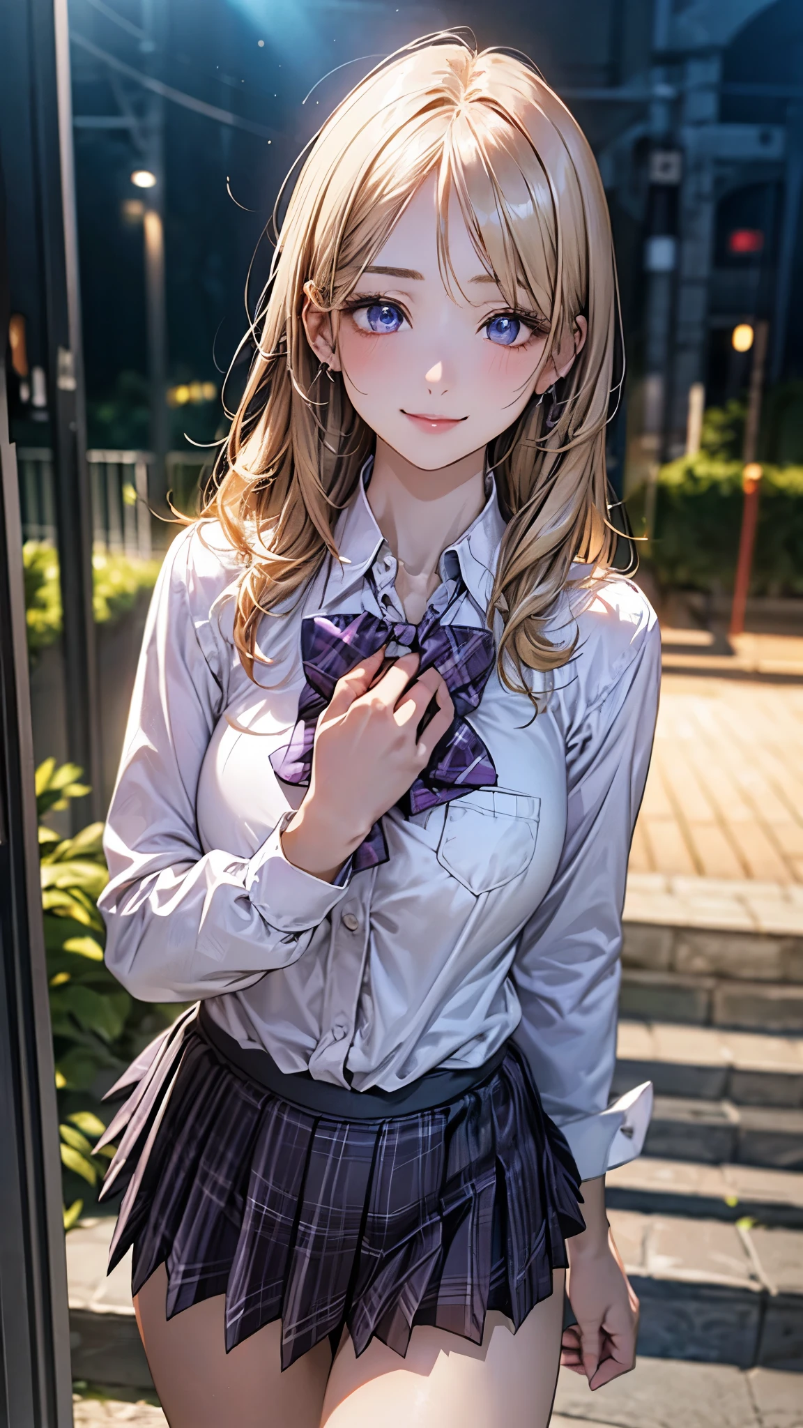 (masterpiece:1.2, top-quality), (realistic, photorealistic:1.4), beautiful illustration, (natural side lighting, movie lighting), nsfw,
looking at viewer, cowboy shot, front view:0.6, 1 girl, japanese, high school girl, perfect face, cute and symmetrical face, shiny skin,
(middle hair:1.6, straight hair:1.2, long sidelocks, blonde hair), parted bangs, blue eyes, long eye lasher, (large breasts:1.1, seductive thighs),
beautiful hair, beautiful face, beautiful detailed eyes, beautiful clavicle, beautiful body, beautiful chest, beautiful thigh, beautiful legs,
((detailed cloth texture, long sleeves white collared shirts, light purple plaid pleated skirt, light purple plaid bow tie, socks)),
(beautiful scenery), evening, riverside, walking, hands on chest, (lovely smile, upper eyes),