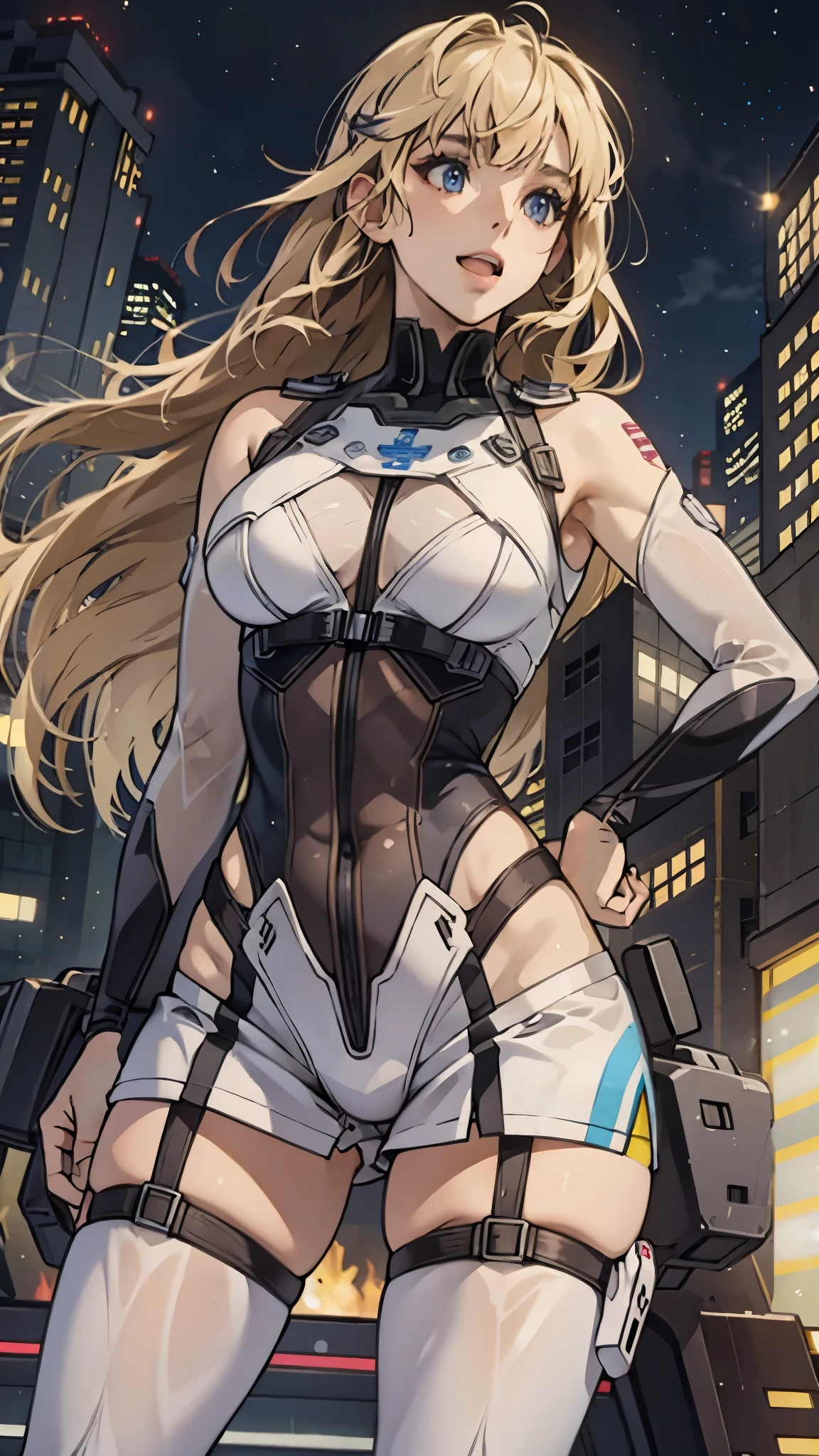 woman,20-year-old,,city,night,((white tight miniskirt bodysuit)),(Harada Makoto),open mouth smile,(((See-through))),((blonde)),long hair