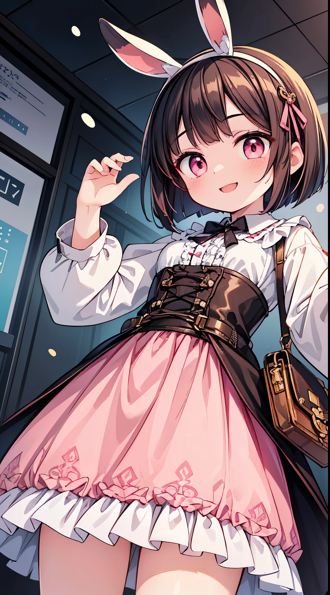 (8k, best quality, masterpiece:1.2),(best quality:1.0), (ultra highres:1.0), watercolor,


BREAK, ( girl), 1 beautiful girl,girl with, 1 beautiful girl,Solo,(Cute:1.5),(Chibi:0.8),(kawaii:1.5),(Lori:0.5),(girl, Cute, Cheerful, Loli face, slightly bulging chest),(A dark-haired,Disheveled short bob,tareme,Pink eyes:1.55),(sano,A smile,Bad face:1.2),(White rabbit ear headband:1.2),Shiny skin,Clear skin,Beautiful skin,(best quality face),(Top quality glowing eyes),(The best smile,Doya face:1.45),
BREAK, train,station,(a girl), platform, snow, BREAK, (steampunk-inspired motif:1.33), smoky lace, brown corset, (closed collar long-sleeved blouse:1.2) heavy coat with black frills, a volumey pannier under a (long skirt:1.3), lace ruffle socks, top hat, goggles, lace-up boots, leather glove, steampunk-items,


BREAK,wakame,wakame,wakame,(Cowboy Shot,from below:1.4), 


BREAK,(Blurry background:1.3),(absurderes, hight resolution, Super Detail Art),cel shading,Clear Color, Lonely optical effect, Beautiful pictures, Bright glow, mystic atmosphere,(Close-up of girl:1.1), Mystical light particle effect,manga influence, clean line drawings, 