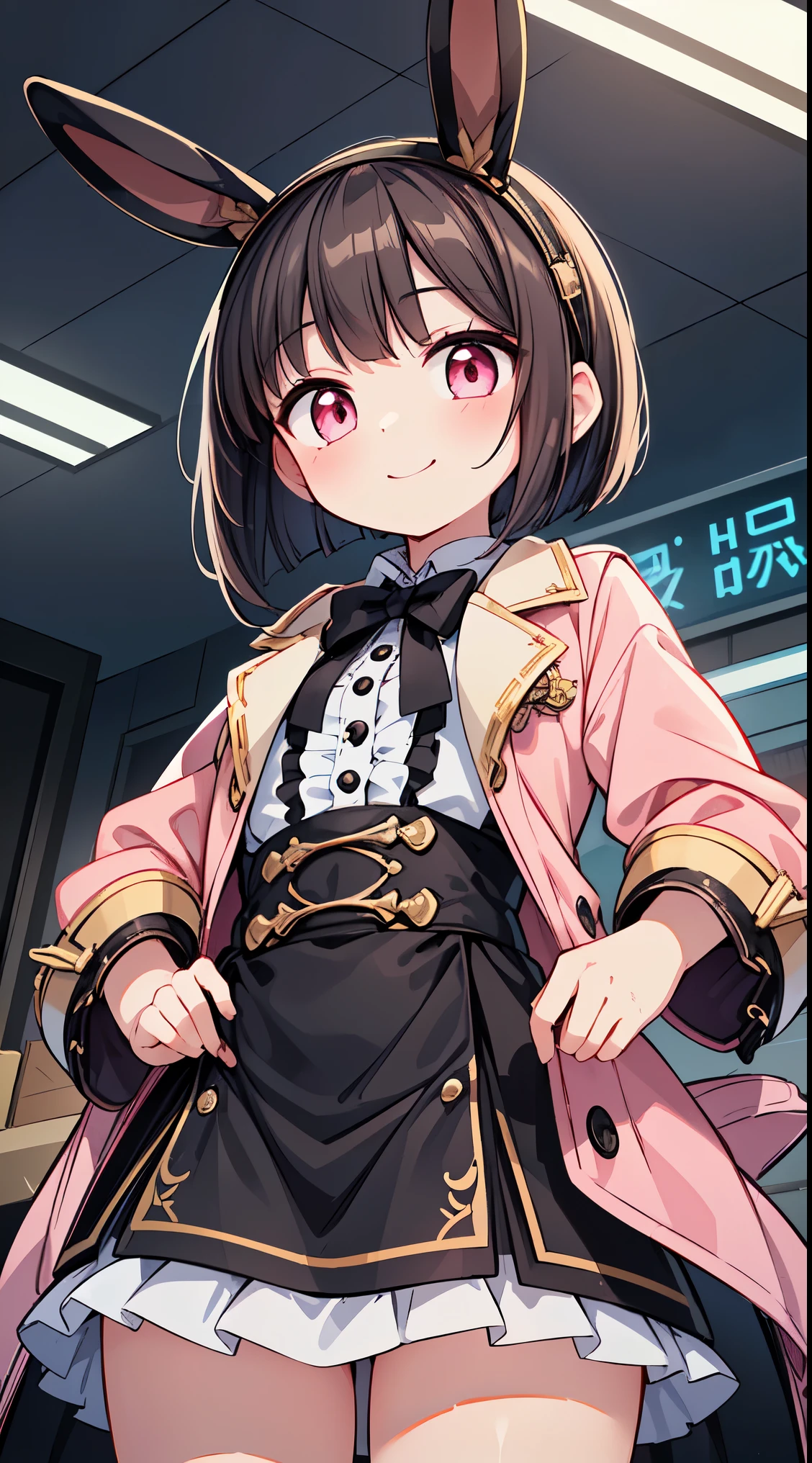 (8k, best quality, masterpiece:1.2),(best quality:1.0), (ultra highres:1.0), watercolor,
BREAK, (17 years old girl), 1 beautiful girl,girl with, 1 beautiful girl,Solo,(Cute:1.5),(Chibi:0.8),(kawaii:1.5),(Lori:0.5),(girl, Cute, Cheerful, Loli face, slightly bulging chest),(A dark-haired,Disheveled short bob,tareme,Pink eyes:1.55),(sano,A smile,Bad face:1.2),(White rabbit ear headband:1.2),Shiny skin,Clear skin,Beautiful skin,(best quality face),(Top quality glowing eyes),(The best smile,Doya face:1.45),
BREAK, train,station,(a girl), platform, snow, BREAK, (steampunk-inspired motif:1.33), smoky lace, brown corset, (closed collar long-sleeved blouse:1.2) heavy coat with black frills, a volumey pannier under a (long skirt:1.3), lace ruffle socks, top hat, goggles, lace-up boots, leather glove, steampunk-items,
BREAK,wakame,wakame,wakame,(Cowboy Shot,from below:1.4),
BREAK,(Blurry background:1.3),(absurderes, hight resolution, Super Detail Art),cel shading,Clear Color, Lonely optical effect, Beautiful pictures, Bright glow, mystic atmosphere,(Close-up of girl:1.1), Mystical light particle effect,manga influence, clean line drawings,