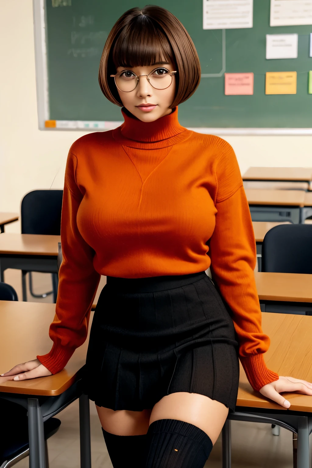 brown hair、Bowl cut、black frame glasses、big breasts、sexy body、orange turtleneck knit sweater、Red pleated skirt、Orange knee-high socks、Red sneakers、In the classroom、staring at me