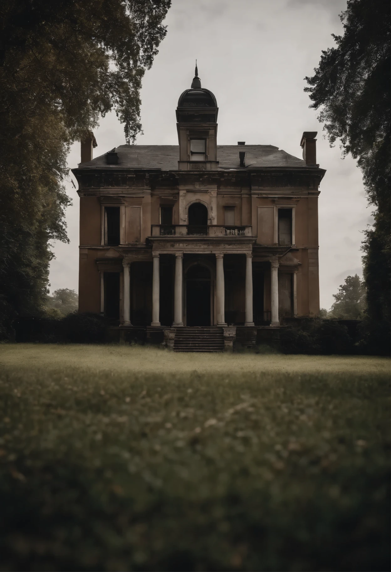 A large mansion that looks abandoned , looks creepy, has cobwebs