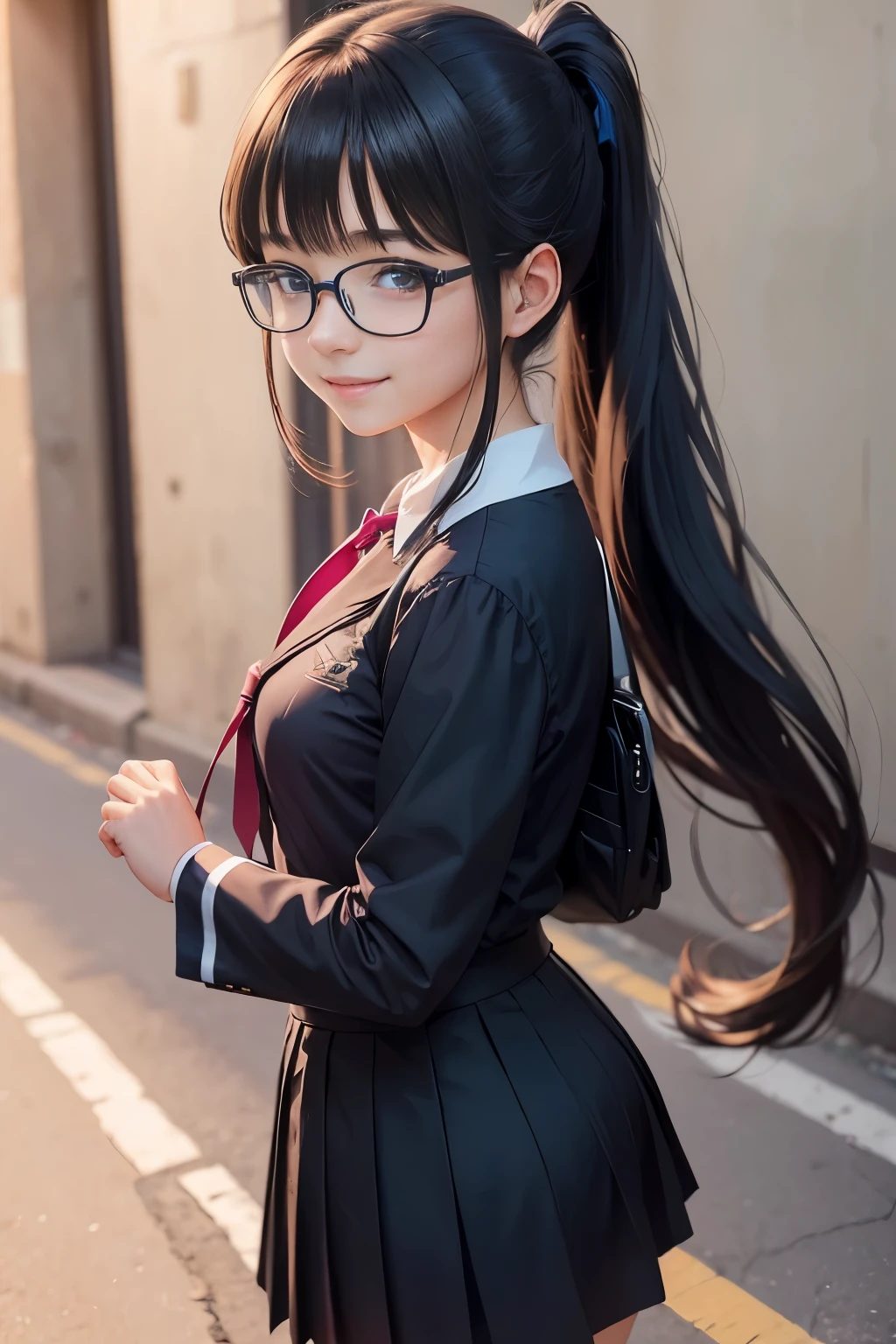 beautiful girl, walk to school, Dark blue Catholic school uniform, Long hair in a ponytail,, smooth, glasses, smile brightly, anime