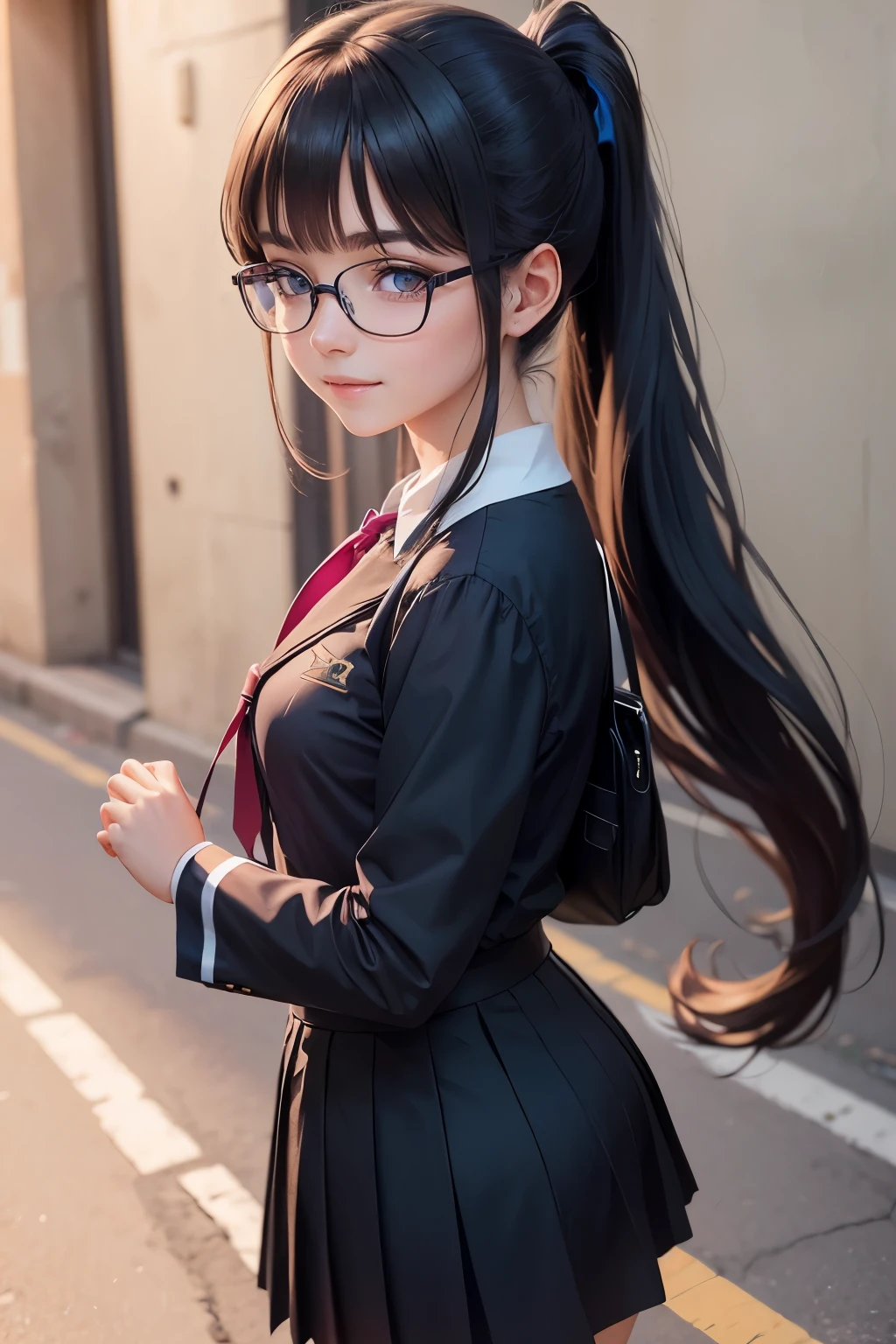 beautiful girl, walk to school, Dark blue Catholic school uniform, Long hair in a ponytail,, smooth, glasses, smile brightly, anime