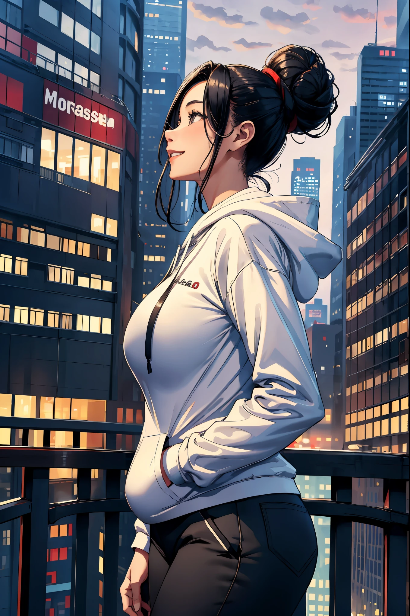 Scenery in the city、Many skyscrapers、(masterpiece:1.4)、(highest quality:1.4)、ultra high resolution、20 year old woman、whole body、Black hair bun hair、white hoodie、black pants、(huge breasts:1.1)、red face、smile、arms behind body、night、profile、looking up at the sky