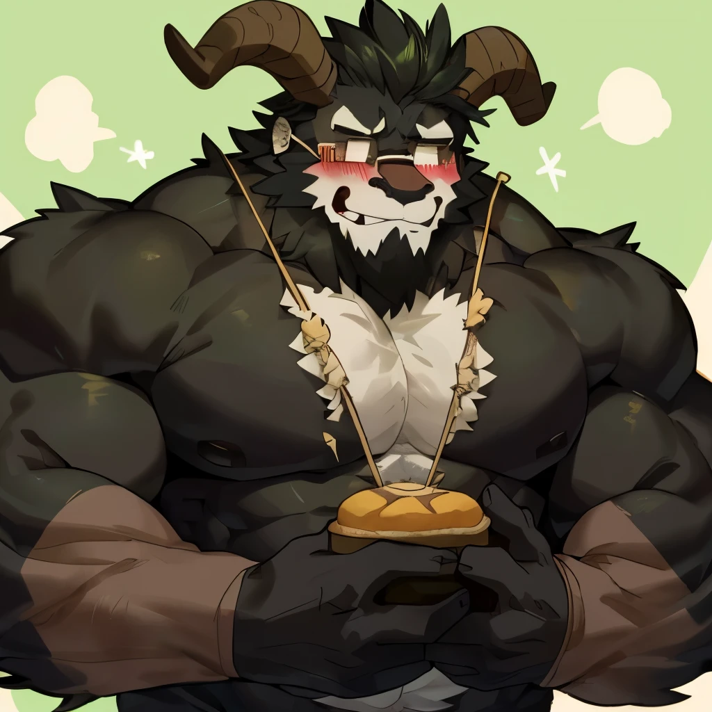 Huge Krampus with huge muscles and pecs and blushing with embarrassment because he likes you and has fluffy fur., usando lentes,ojos verdes, Pellizcar ,protuberancia gigante, usando un delantal, Horneando pastelitos