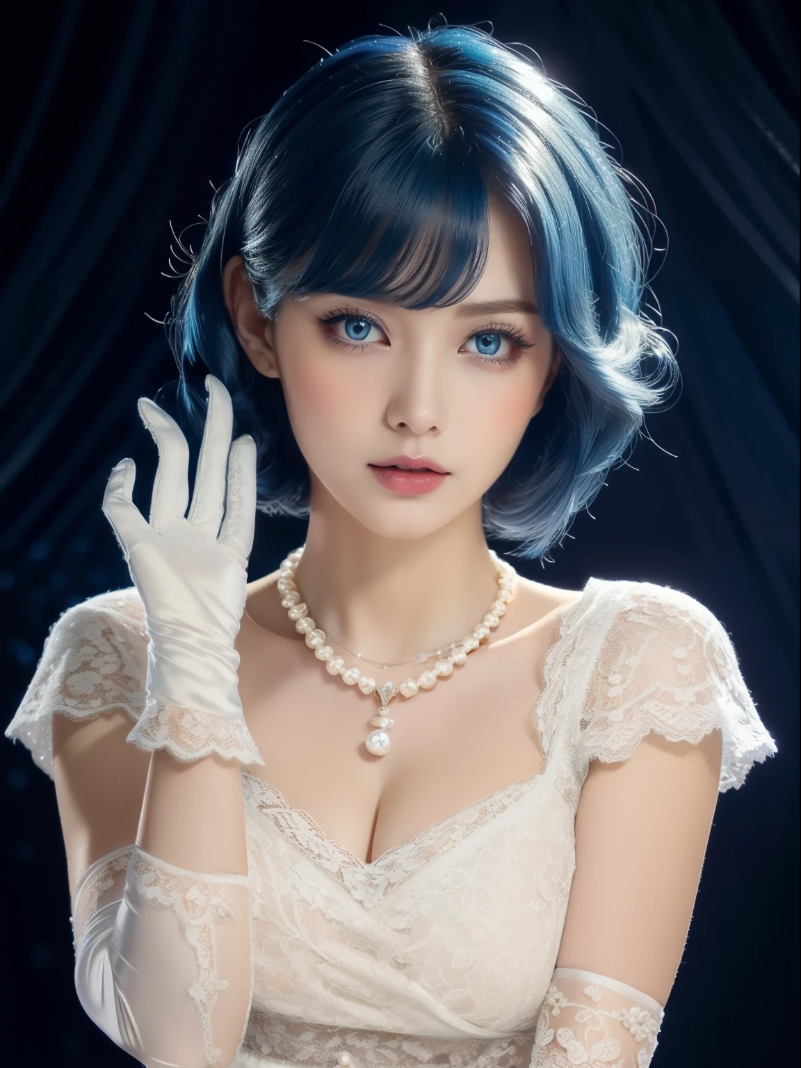 (masterpiece:1.2, best quality), (intricate details), unity 8k wallpaper, ultra detailed, beautiful and aesthetic, (photo)perfect lighting, (1girl),((blue hair, blue eyes:1.3, medium breasts)), dynamic pose, dynamic angle,  lipstick, slim, slim body, detailed background, realistic, solo, perfect detailed face, detailed eyes, highly detailed, blush, hair ornament, (Vintage_lace_dress:1.5),(Pearl_necklace:1.4),(Satin_gloves:1.3),(Elegant_ballroom_background:1.4),