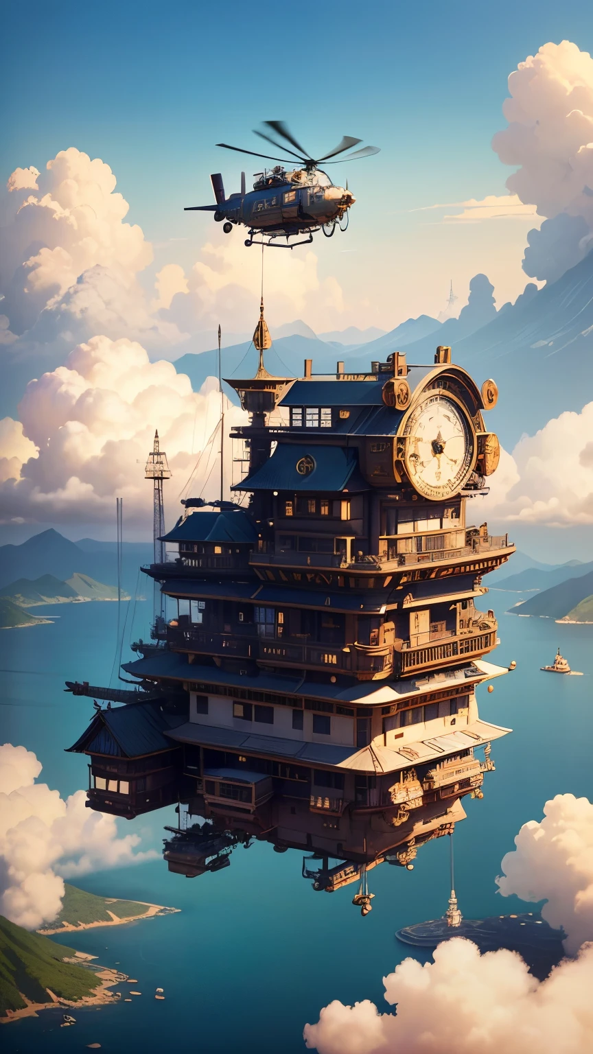 Steampunk AI。masterpiece。highest quality。Excessive detail。blue sky and white clouds。(Helicopter shot)。An island floating in the sea below々。aerial perspective。(one girl)。(Japan schoolgirl in steampunk style)。(Take to the skies on a classic-style bicycle)。