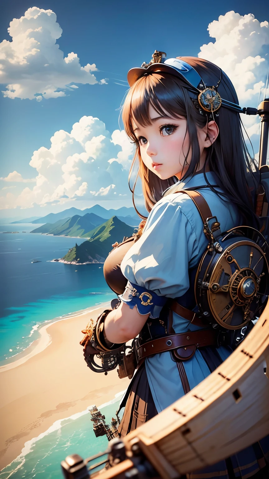 Steampunk AI。masterpiece。highest quality。Excessive detail。blue sky and white clouds。(Helicopter shot)。An island floating in the sea below々。aerial perspective。(one girl)。(Japan schoolgirl in steampunk style)。(Take to the skies on a classic-style bicycle)。