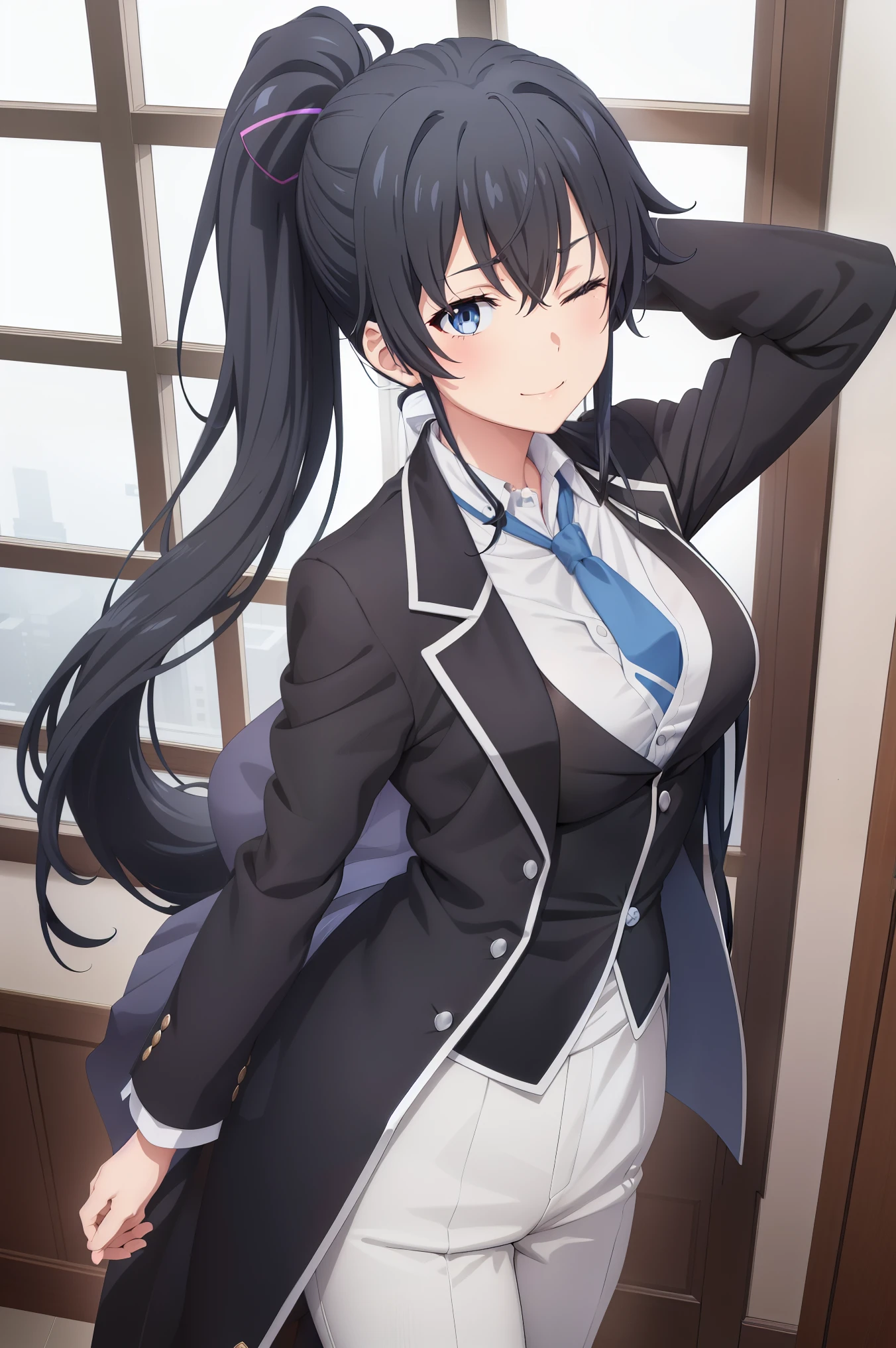 ((best quality)), ((masterpiece)), (detailed) 1girl 1girl, ;\), blurry, blurry_background, breasts, , hair_ponytail ribbon, looking_at_viewer, ok_sign, one_eye_closed, open_hand, Yukinoshita Yukino ,Woman wearing formal clothes, An attractive coat stands in a large gap in the room , 1girl, 独奏, blue necktie, Black hair, eyes blue, long hair, smile , collared shirt, white pants, white shirt , Elegantly designed coat , Stand in front of a window ,Perfectly tailored tailcoat. It has a stunning Victorian design and is made of lustrous fabric