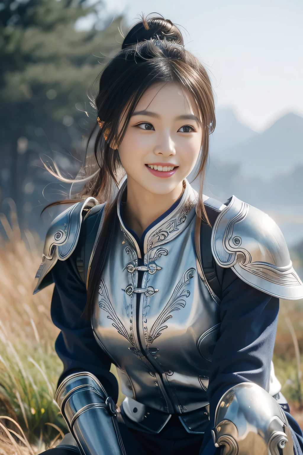 Chinese female general Hua Mulan，Navy blue Hufu lining，Silver metal breastplate，silver helmet，battlefield background，majestic，Smile（open mouth）（The corners of the mouth are raised），Leather tunic，Knee armor，Eight clones，silver metal headband，Hair bun raised high。wild wilderness background