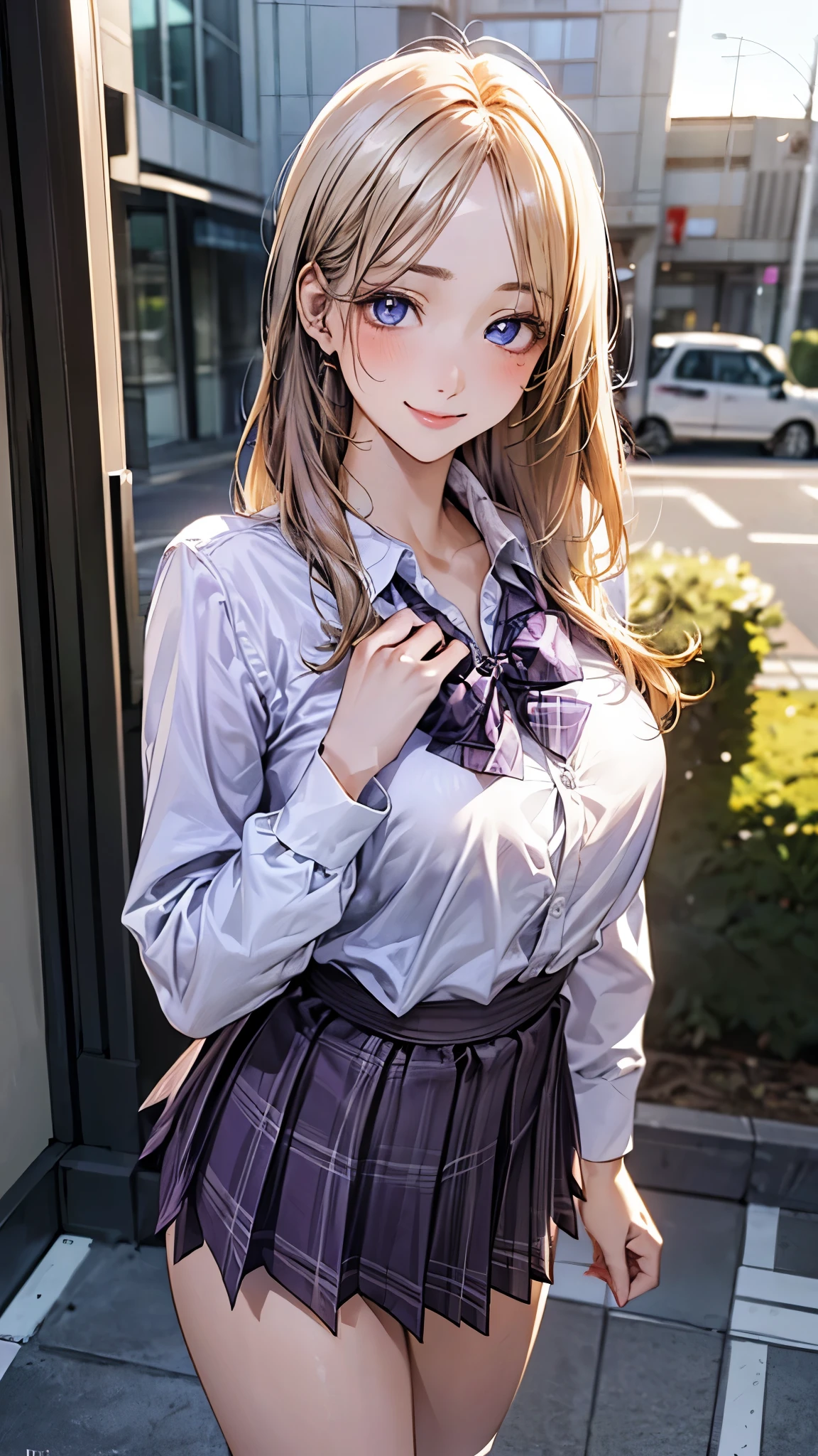(masterpiece:1.2, top-quality), (realistic, photorealistic:1.4), beautiful illustration, (natural side lighting, movie lighting), nsfw,
looking at viewer, cowboy shot, front view:0.6, 1 girl, japanese, high school girl, perfect face, cute and symmetrical face, shiny skin,
(middle hair:1.6, straight hair:1.2, long sidelocks, blonde hair), parted bangs, blue eyes, long eye lasher, (large breasts:1.1, seductive thighs),
beautiful hair, beautiful face, beautiful detailed eyes, beautiful clavicle, beautiful body, beautiful chest, beautiful thigh, beautiful legs,
((detailed cloth texture, long sleeves white collared shirts, light purple plaid pleated skirt, light purple plaid bow tie, socks)),
(beautiful scenery), evening, riverside, walking, hands on chest, (lovely smile, upper eyes),