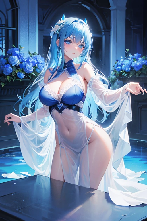 (highest quality, 8K, 32K, masterpiece, UHD: 1.3), 1 female, (Oversized: 1.3), perfect figure,, (attractive), (Sheer skin)) 、((((Transparent see-through dress))))、see-through dresses、lace sheer dress、Transparent dress、Sheer skin、Transparent dressを着た美しい裸の女性、solo、best style、big breasts、The most beautiful in the world、unparalleled beauty、long hair、 ((blue bathhouse)),、Blue lighting. concept art stunning atmosphere, blue atmosphere, beautiful concept art, Dark Majestic gorgeous public bath,、(blue water辺、blue water)、blue stone、blue stone、blue reflection、Cyan color、get wet in blue water、Blue light、blue flower、Blue roses、Blue World、Expressive、sexy pose、sexy design