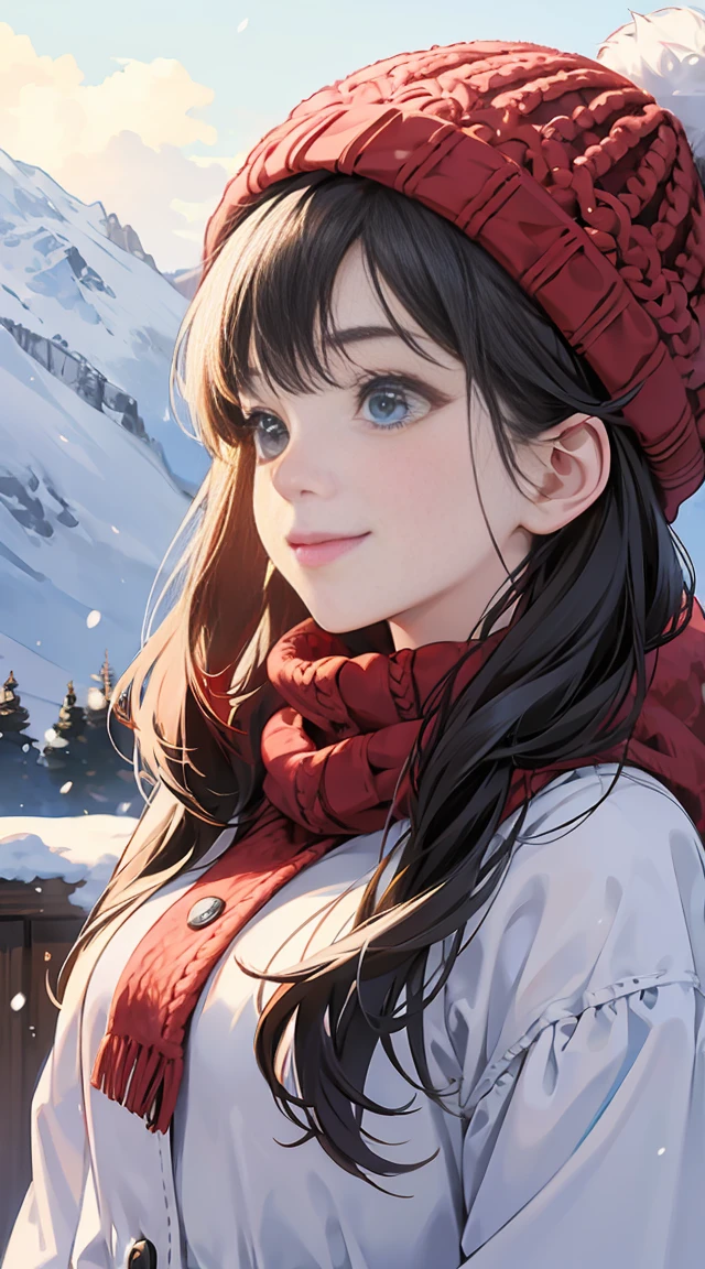 cute girl、beautiful woman、smile、kind、snow、winter、Profile looking up、Red knitted hat、Upper body