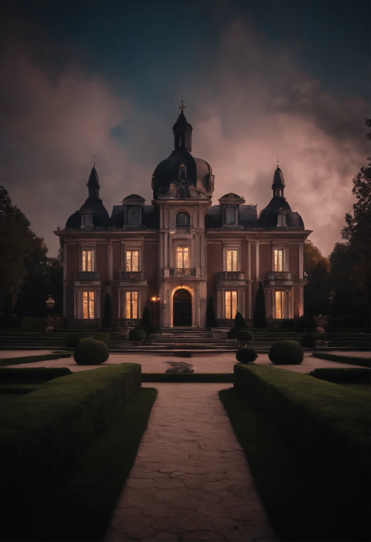 A huge catholic mansion, looks cool and mysterious, neon lights, 8k, high detail