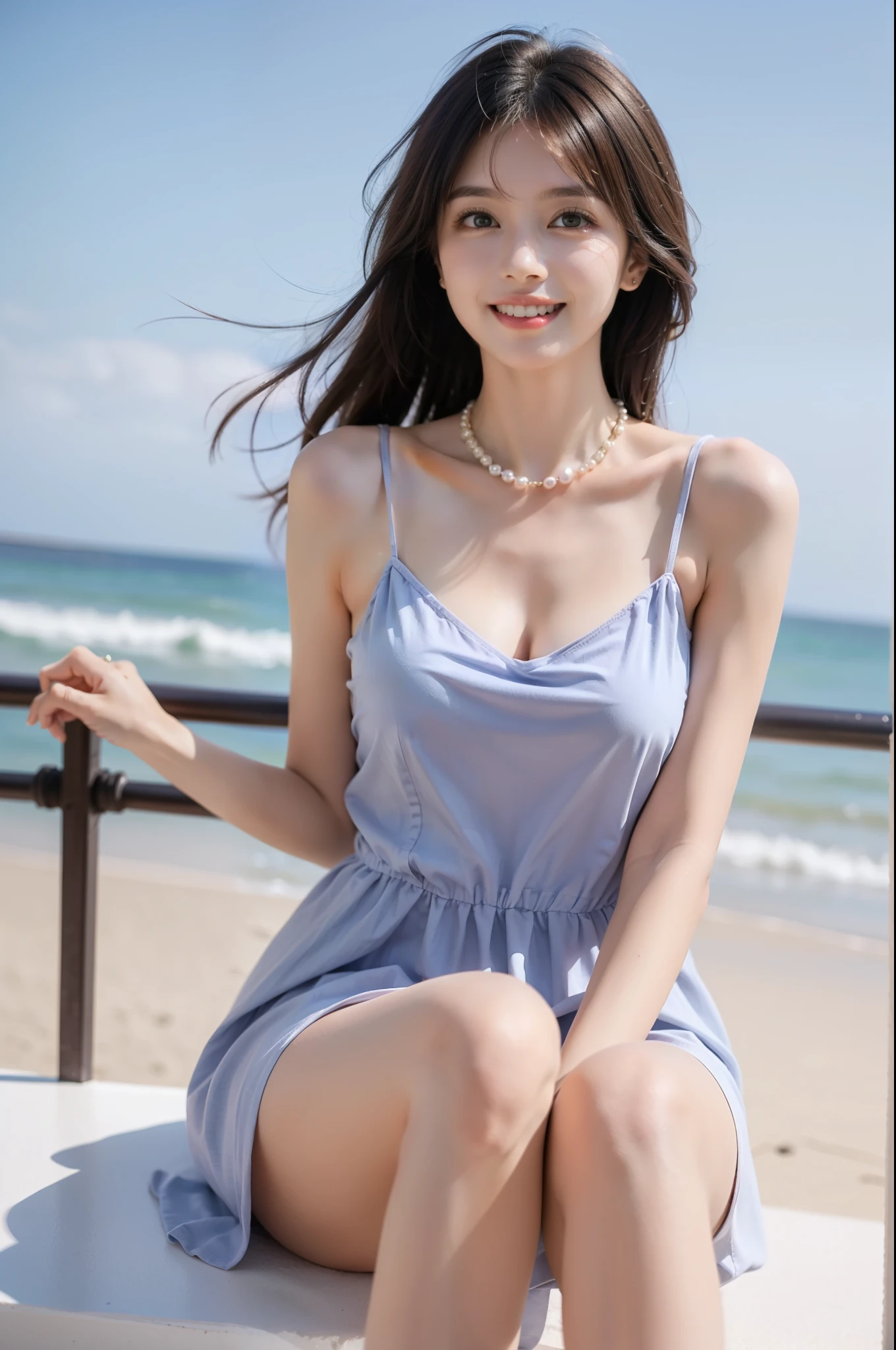 Sweet girl clothes2,pearl necklace,blue dress,flower,  ((knee shot)), (Shot from a random perspective), (medium shot), detailed, dense, masterpiece, a girl, beautiful, outdoor, seaside, Blue sky and white clouds, sea, elegant posture, Attractive pose, sexy, sexy的双腿, Slim, Slender legs, brown hair, 22 years old, smooth skin, glowing skin, glowing hair, clear eyes, glowing eyes, brown eyes, Soft lips, pale pink lips, smile slightly, Shy, open mouth, Bangs, big breasts, glowing skin, Warm colors, Color saturation, Simple gold necklace, Diamond necklace, (masterpiece: 1.0), (actual: 1.6), (soft focus: 1.5)