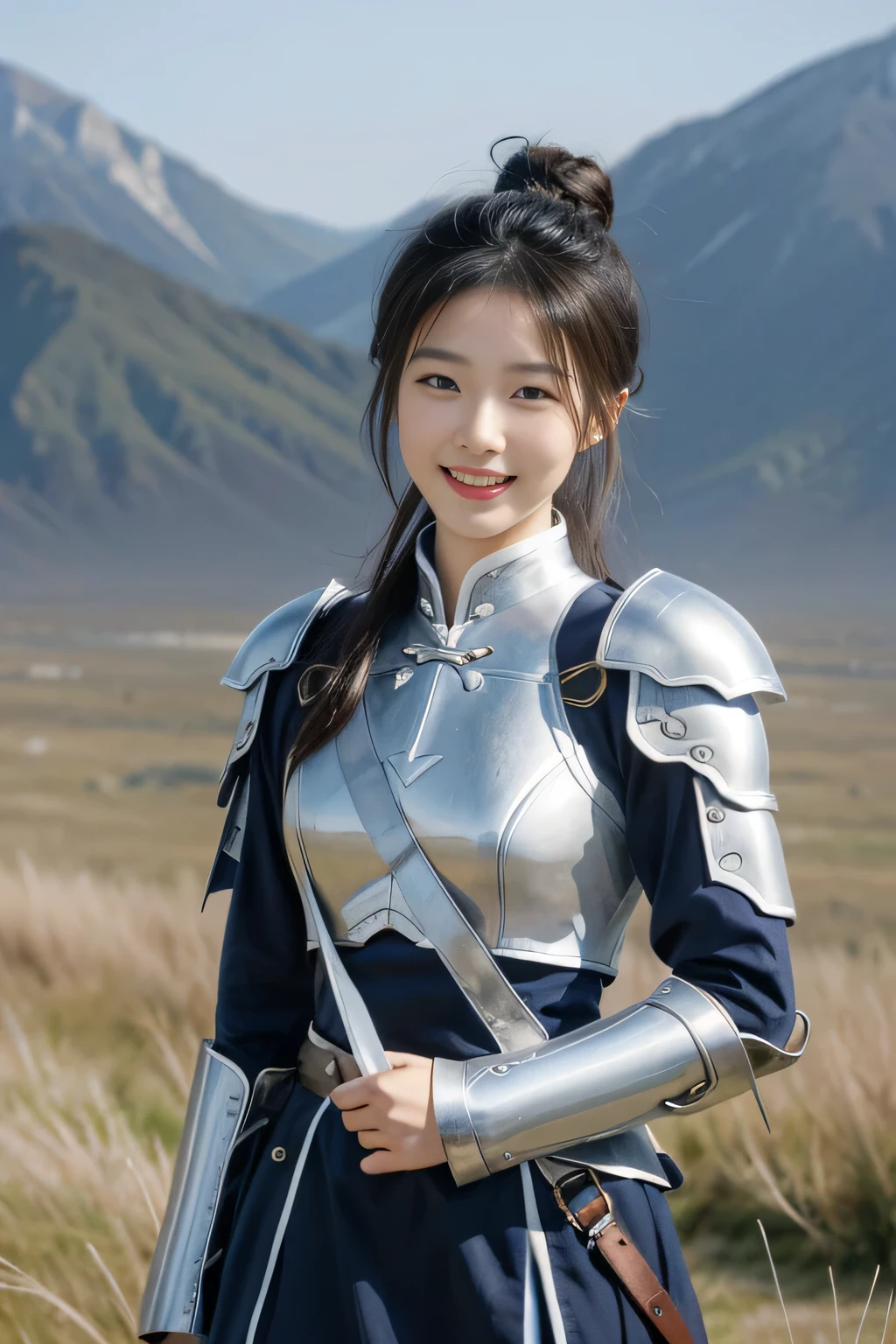 Chinese female general Hua Mulan，Navy blue Hufu lining，Silver metal breastplate，silver helmet，battlefield background，majestic，Smile（open mouth）（The corners of the mouth are raised），Leather tunic，Knee armor，Eight clones，silver metal headband，Hair bun raised high。wild wilderness background