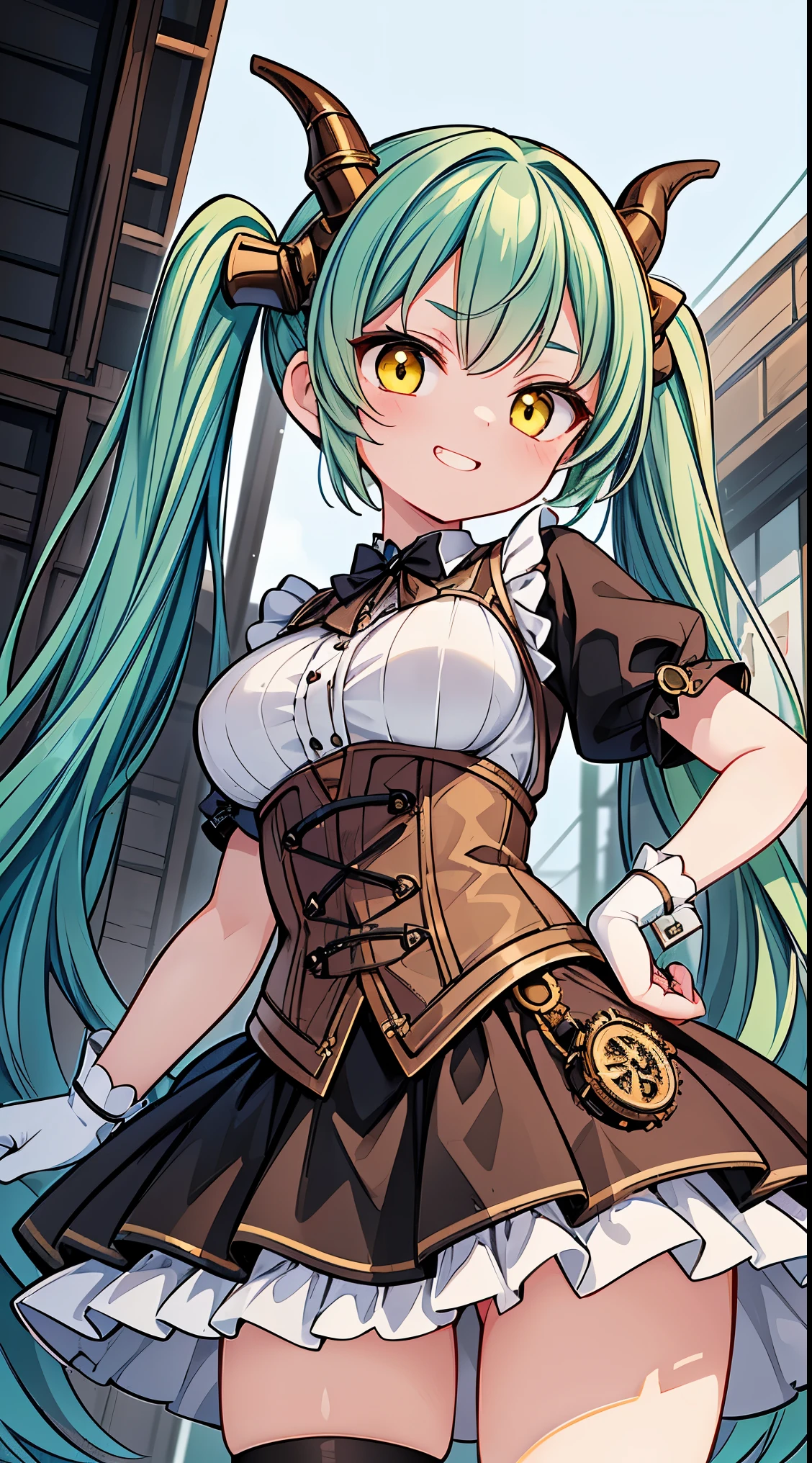 (8k, best quality, masterpiece:1.2),(best quality:1.0), (ultra highres:1.0), watercolor,


BREAK, 1 beautiful girl, (17 year old girl),alone,(cute:1.5),(Little:0.6),(cute:1.5),(change:0.5),break, :d, (twin tails, green hair, horn, long hair:1.35), (yellow eyes, double, slanted eyes:1.45), blush, double teeth, ((D cup breasts))), heart, sight, maid, /maid dragon/, dragon tail, (long eyelashes, double eyelids, thin eyebrows:1.2), alone, glowing skin, beautiful skin, beautiful skin, (highest quality face), (highest quality slanted eyes), maid outfit, gloves, open your mouth, short sleeve, smile, white gloves,(The best smile,smug face:1.45),
BREAK, train,station,(a girl), platform, snow, BREAK, (steampunk-inspired motif:1.33), smoky lace, brown corset, (closed collar long-sleeved blouse:1.2) heavy coat with black frills, a volumey pannier under a (long skirt:1.3), lace ruffle socks, top hat, goggles, lace-up boots, leather glove, steampunk-items,


BREAK,wakame,wakame,wakame,(Cowboy Shot,from below:1.4), 


BREAK,(Blurry background:1.3),(absurderes, hight resolution, Super Detail Art),cel shading,Clear Color, Lonely optical effect, Beautiful pictures, Bright glow, mystic atmosphere,(Close-up of girl:1.1), Mystical light particle effect,manga influence, clean line drawings, 