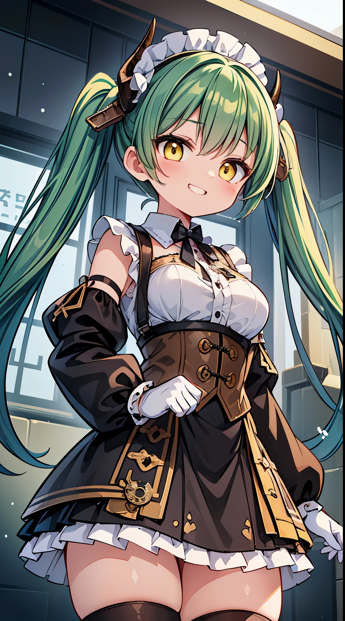 (8k, best quality, masterpiece:1.2),(best quality:1.0), (ultra highres:1.0), watercolor,
BREAK, 1 beautiful girl, (17 year old girl),alone,(cute:1.5),(Little:0.6),(cute:1.5),(change:0.5),break, :d, (twin tails, green hair, horn, long hair:1.35), (yellow eyes, double, slanted eyes:1.45), blush, double teeth, ((D cup breasts))), heart, sight, maid, /maid dragon/, dragon tail, (long eyelashes, double eyelids, thin eyebrows:1.2), alone, glowing skin, beautiful skin, beautiful skin, (highest quality face), (highest quality slanted eyes), maid outfit, gloves, open your mouth, short sleeve, smile, white gloves,(The best smile,smug face:1.45),
BREAK, train,station,(a girl), platform, snow, BREAK, (steampunk-inspired motif:1.33), smoky lace, brown corset, (closed collar long-sleeved blouse:1.2) heavy coat with black frills, a volumey pannier under a (long skirt:1.3), lace ruffle socks, top hat, goggles, lace-up boots, leather glove, steampunk-items,
BREAK,wakame,wakame,wakame,(Cowboy Shot,from below:1.4),
BREAK,(Blurry background:1.3),(absurderes, hight resolution, Super Detail Art),cel shading,Clear Color, Lonely optical effect, Beautiful pictures, Bright glow, mystic atmosphere,(Close-up of girl:1.1), Mystical light particle effect,manga influence, clean line drawings,